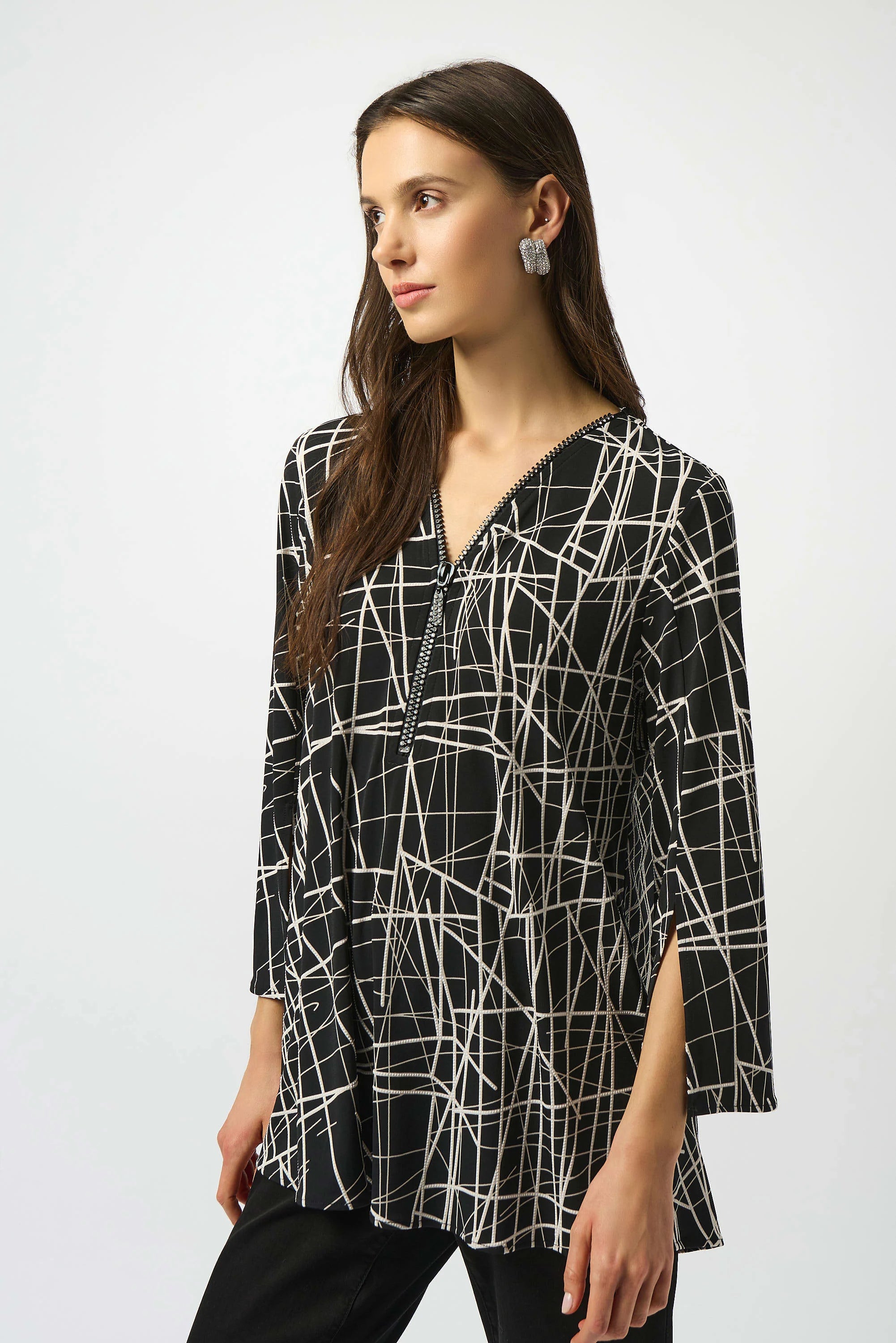 Front Image of Joseph Ribkoff Silky Knit Printed Fit and Flare Tunic in Black/Moonstone