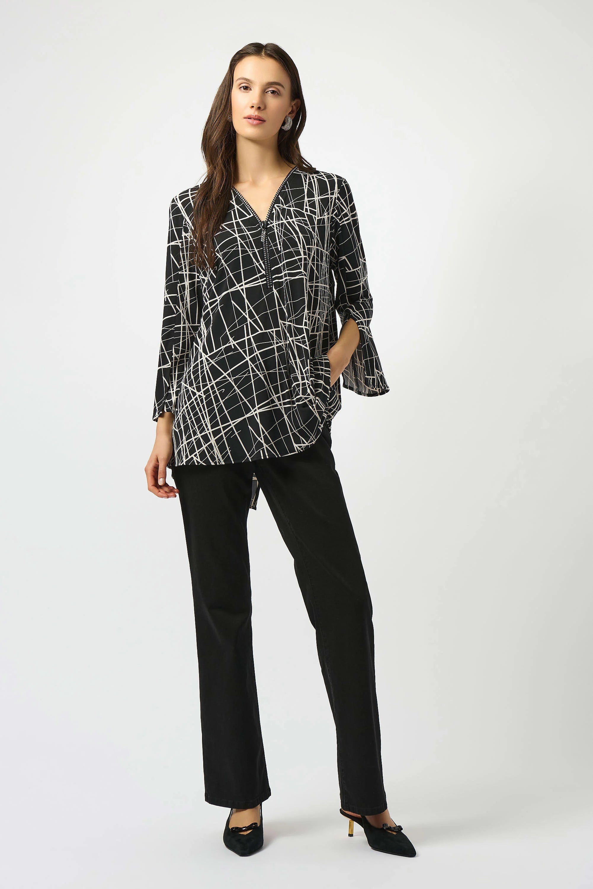 Full Body Image of Joseph Ribkoff Silky Knit Printed Fit and Flare Tunic in Black/Moonstone