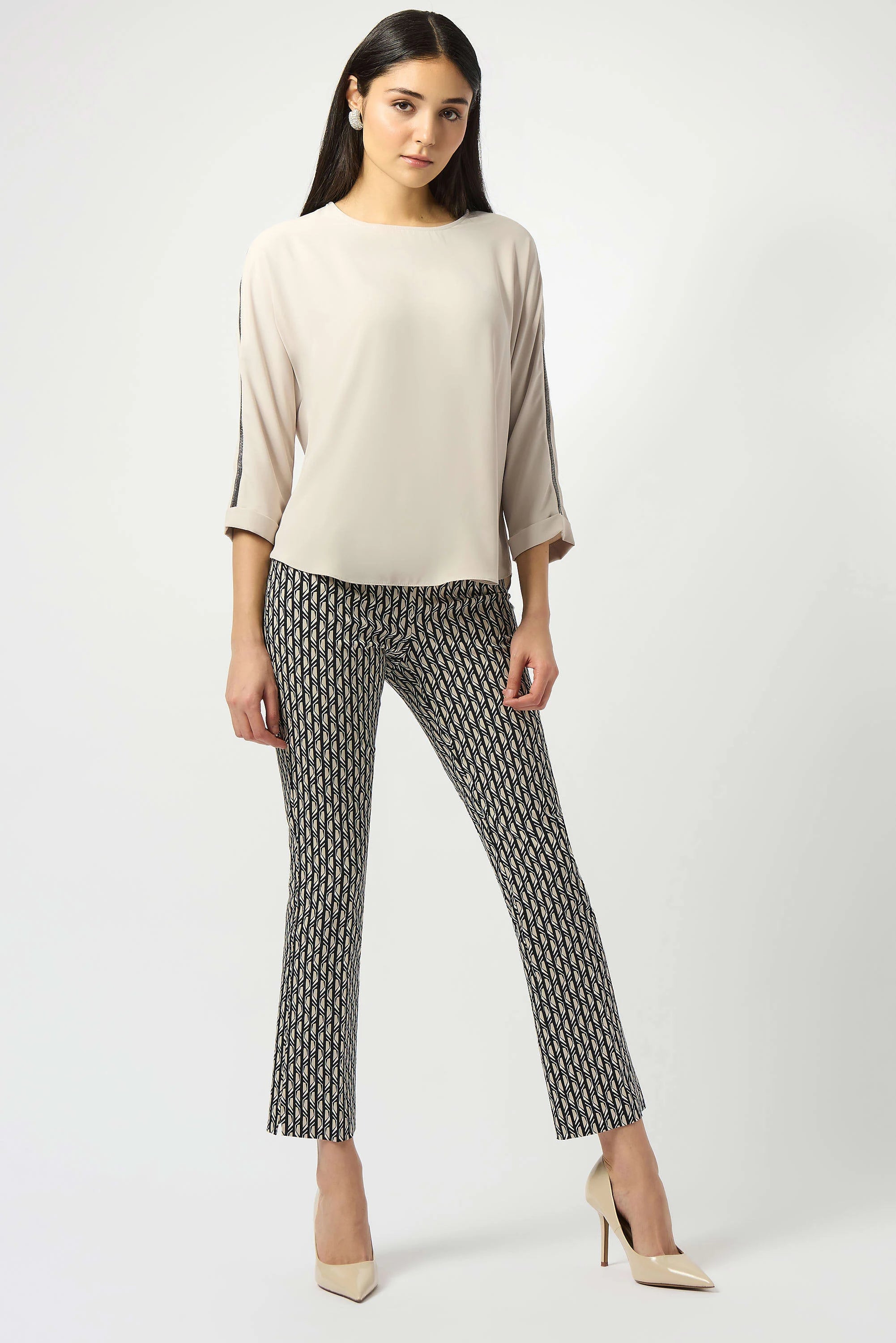 Full Body Image of Joseph Ribkoff Millennium Print Straight Leg Pull-On Pants in Black/Moonstone with Recycle Soft Twill Boxy Top in Moonstone