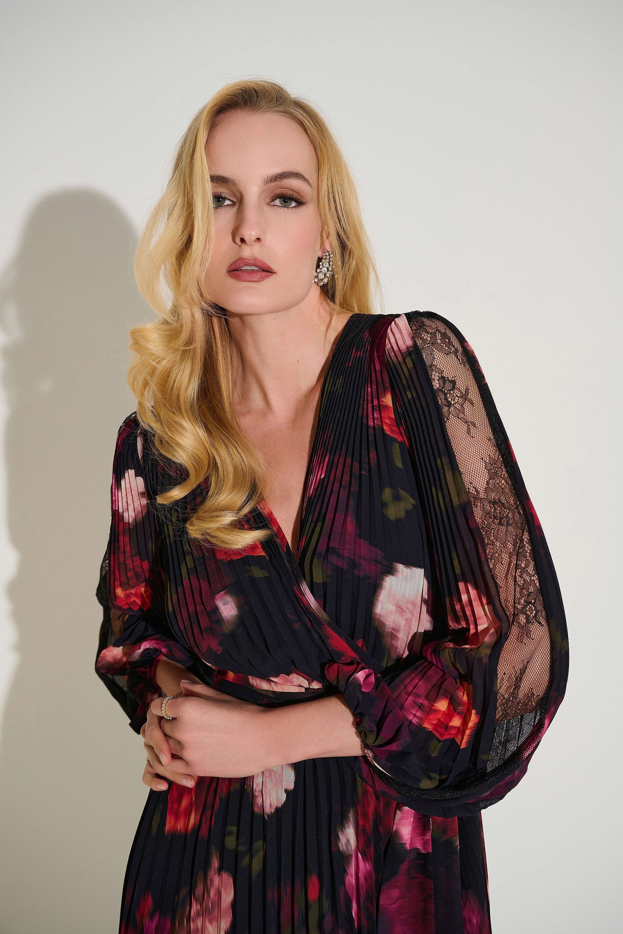 Front Close Up  Image of Joseph Ribkoff Pleated Chiffon Floral Fit & Flare Dress in Black/Multi