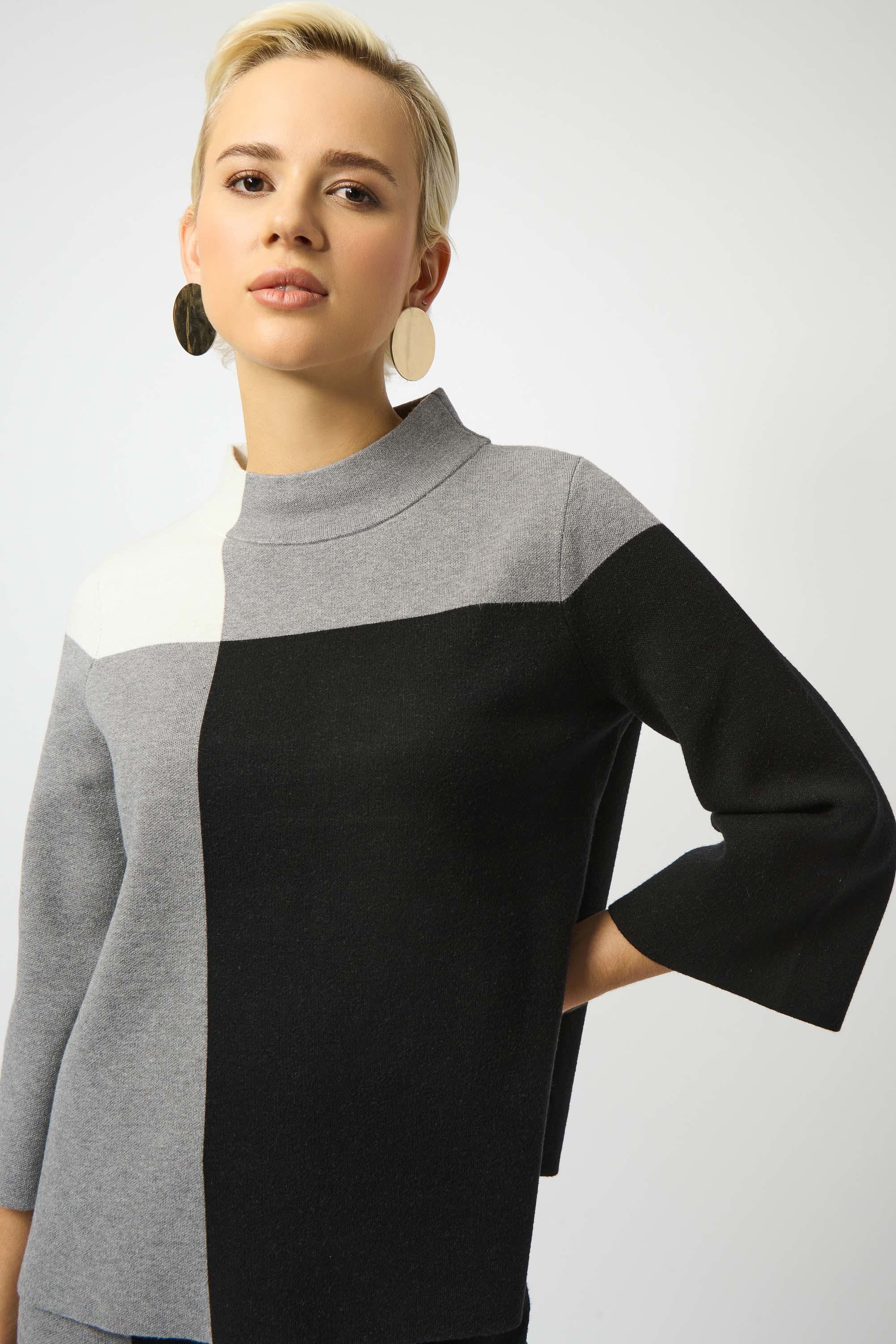 Front View Image of Joseph Ribkoff Jacquard Sweater Colour Block Pullover in Black.Grey/Vanilla