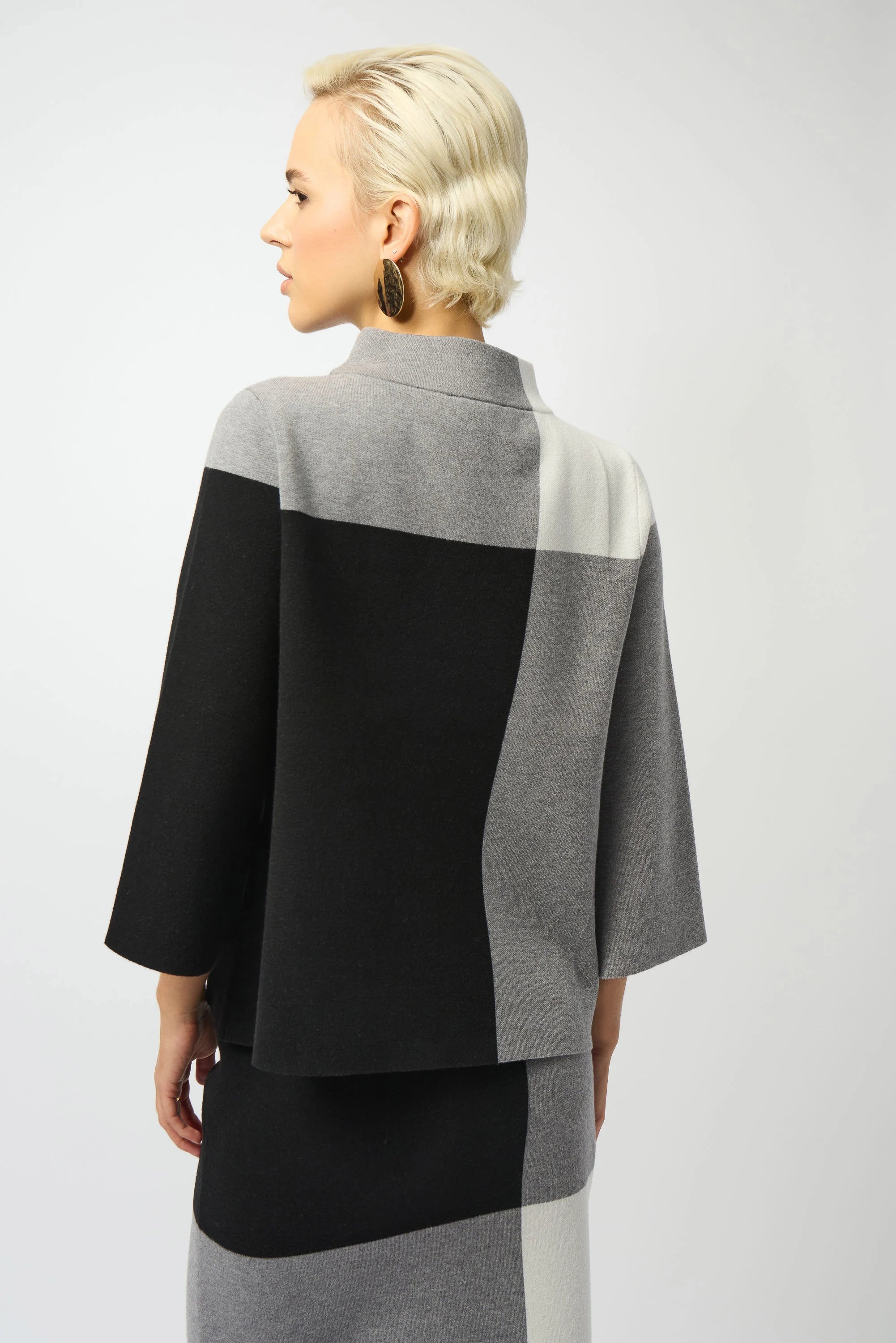 Back View Image of Joseph Ribkoff Jacquard Sweater Colour Block Pullover in Black.Grey/Vanilla