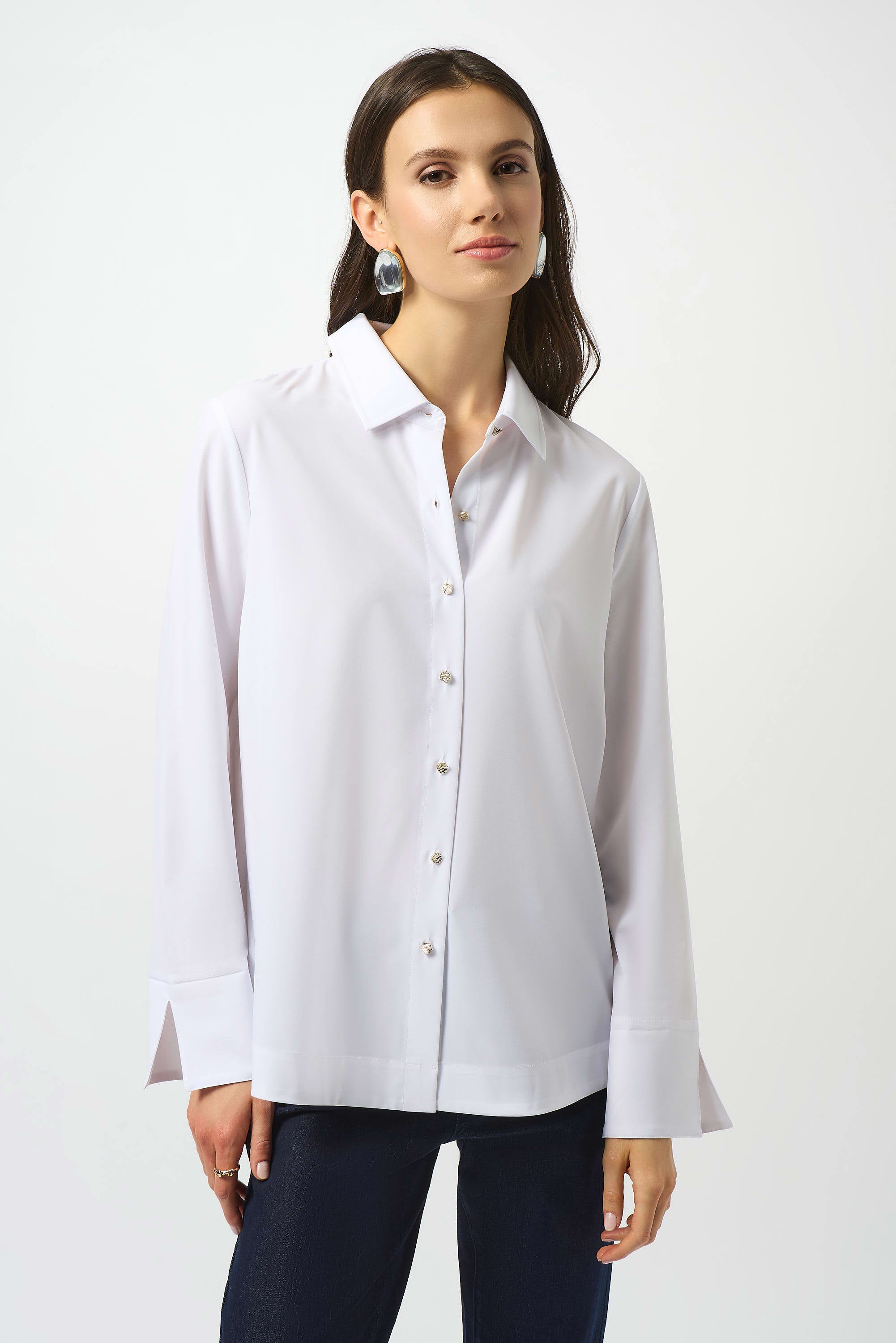 Front image of Joseph Ribkoff white poplin button front boxy top.