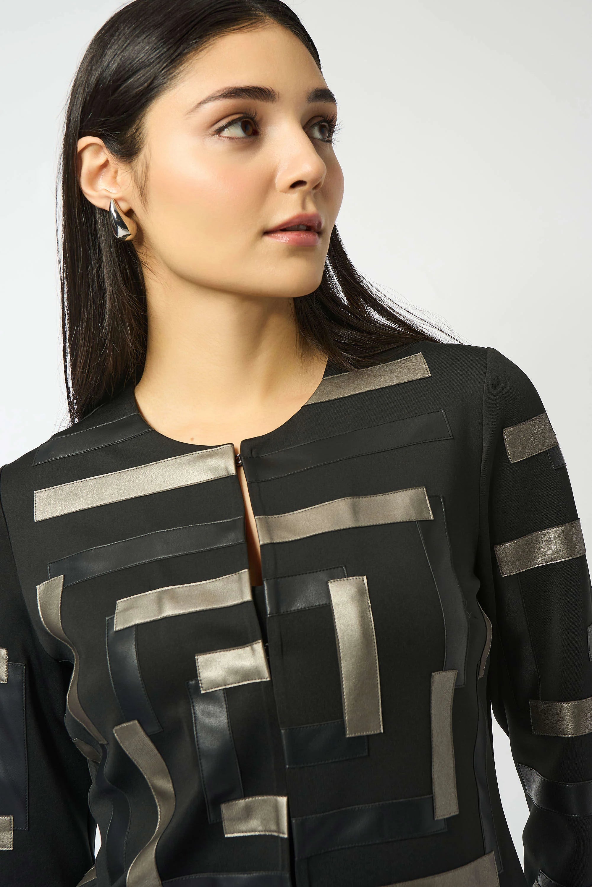 Front Close up Image of Joseph Ribkoff Scuba & Leatherette Collarless Jacket in Black/Multi