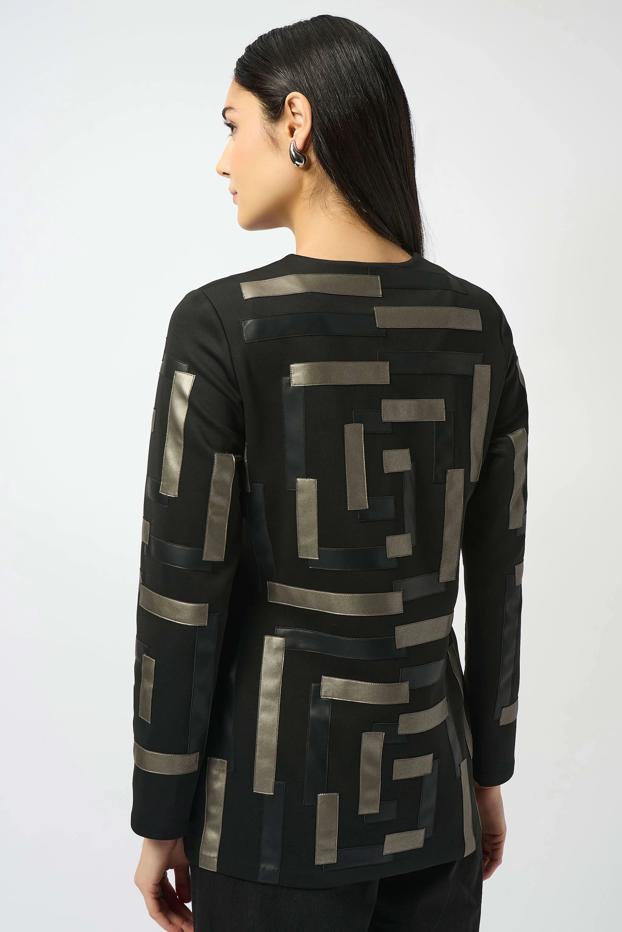 Back Image of Joseph Ribkoff Scuba & Leatherette Collarless Jacket in Black/Multi