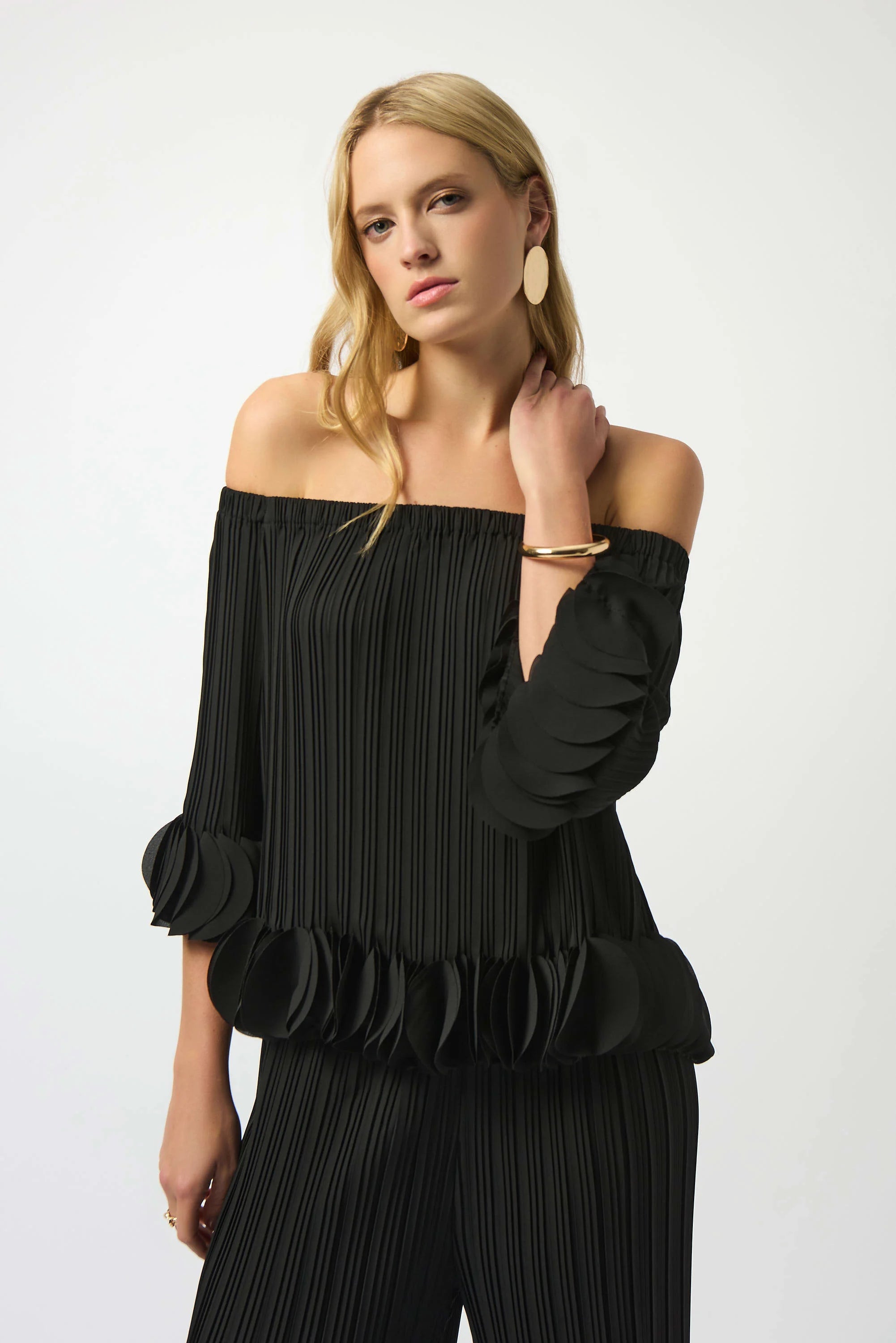Front View Image of Joseph Ribkoff Georgette Off Shoulder Pleated Top in Black