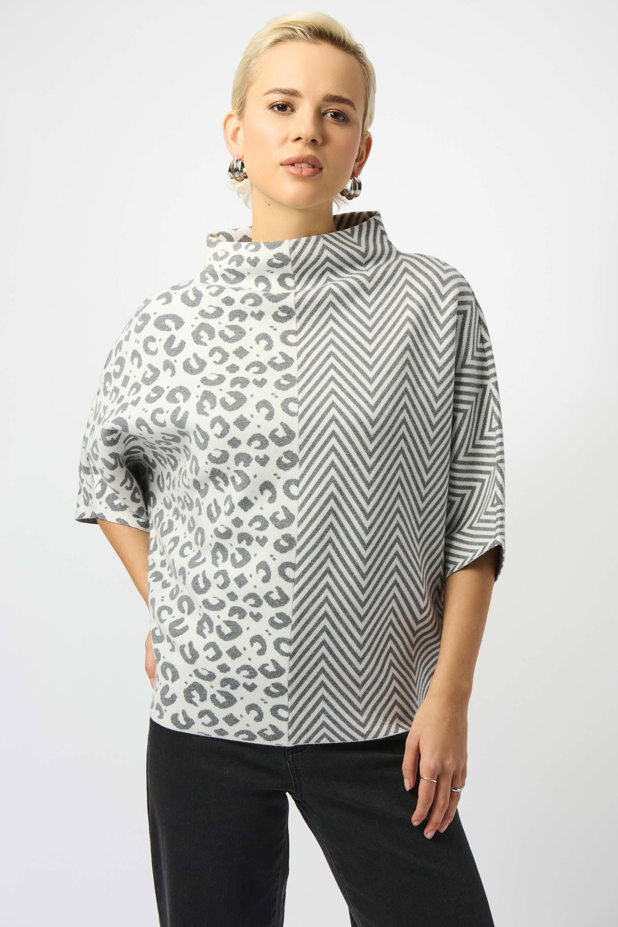 Front Image of Joseph Ribkoff jacquard Knit Mixed Print Boxy Sweater in vanilla/grey