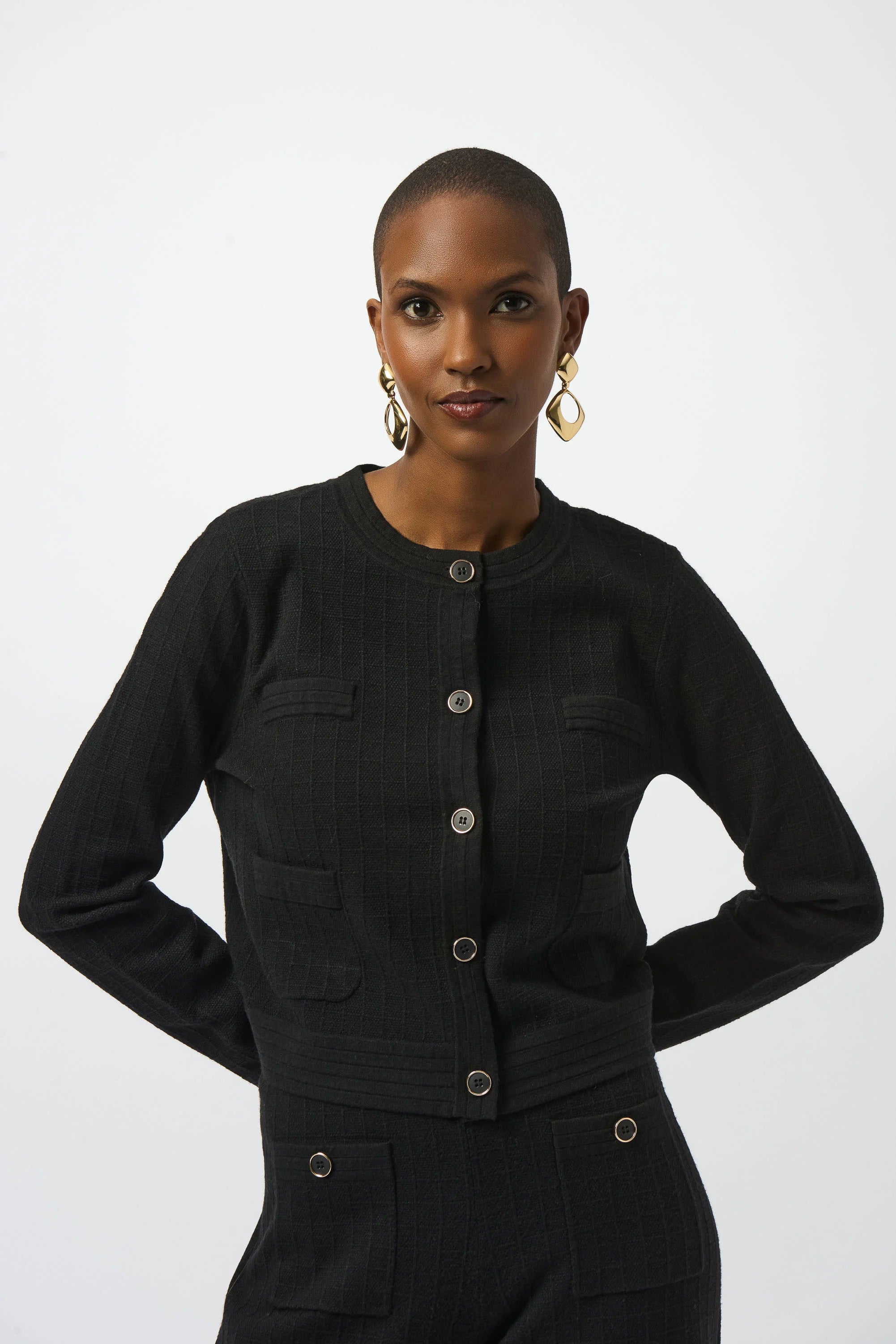 Front Image of Joseph Ribkoff sweater knit crew neck button front jacket in Black