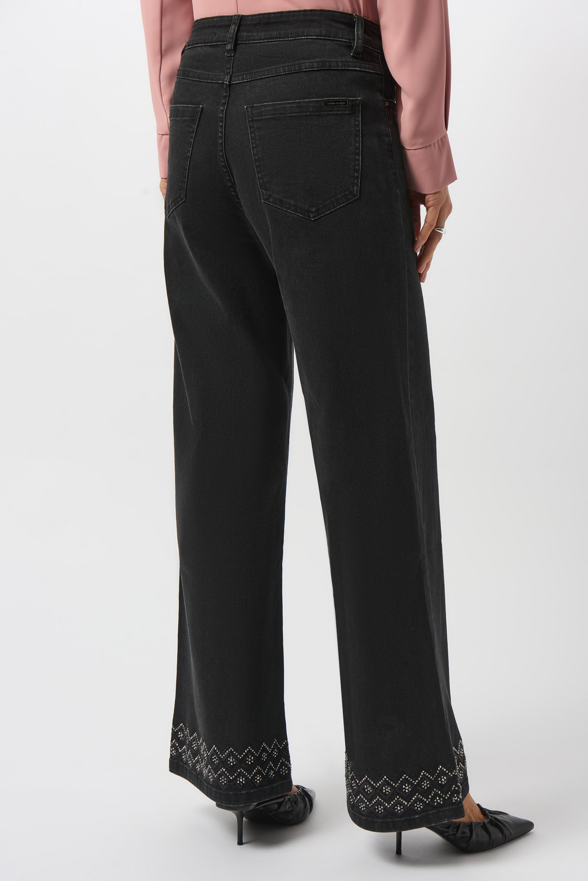 Back image of Joseph Ribkoff wide leg stretch denim pant in charcoal grey. 