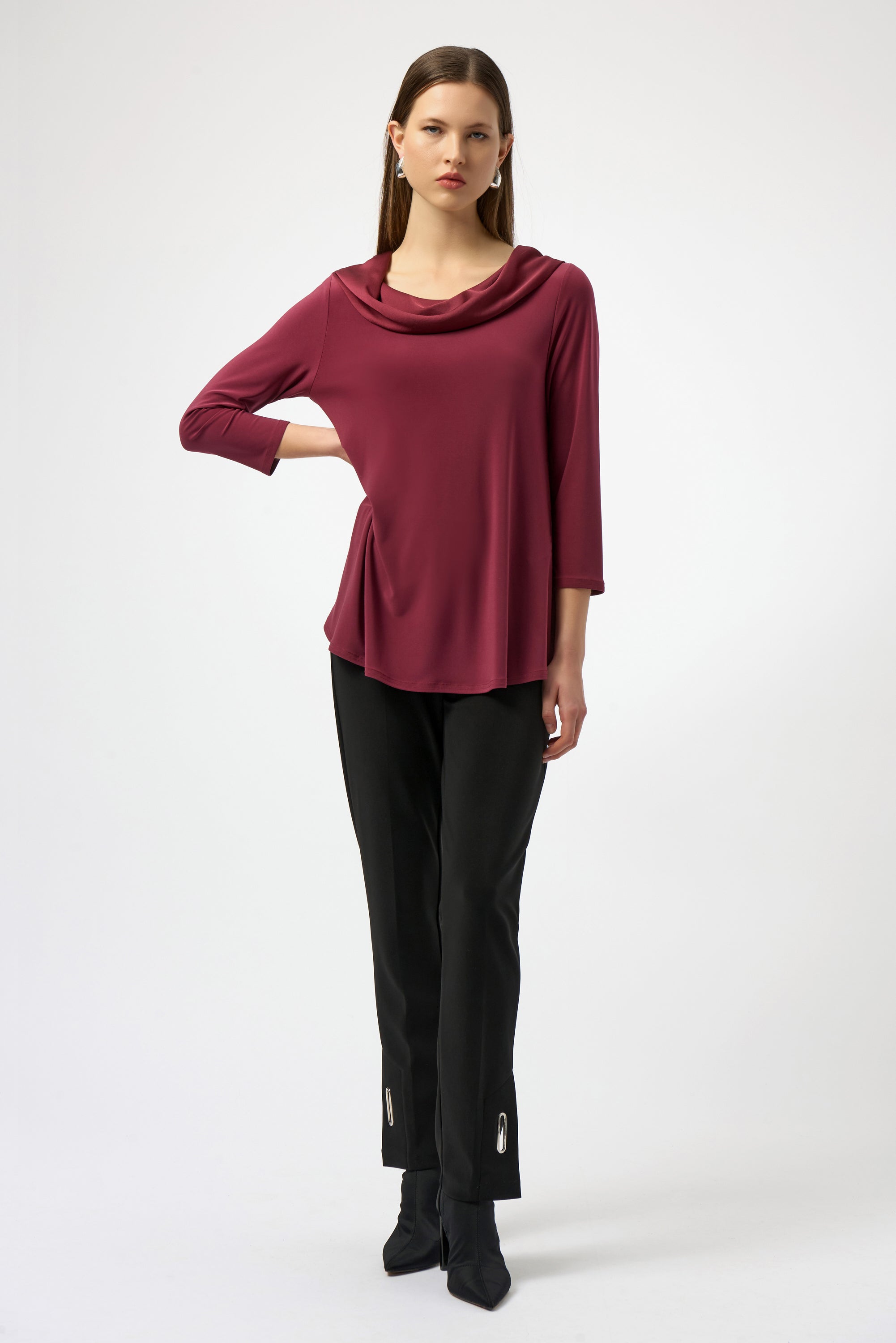 Full Body View Image of Joseph Ribkoff Silky Knit & Satin Cowl Neck Flared Top in Merlot