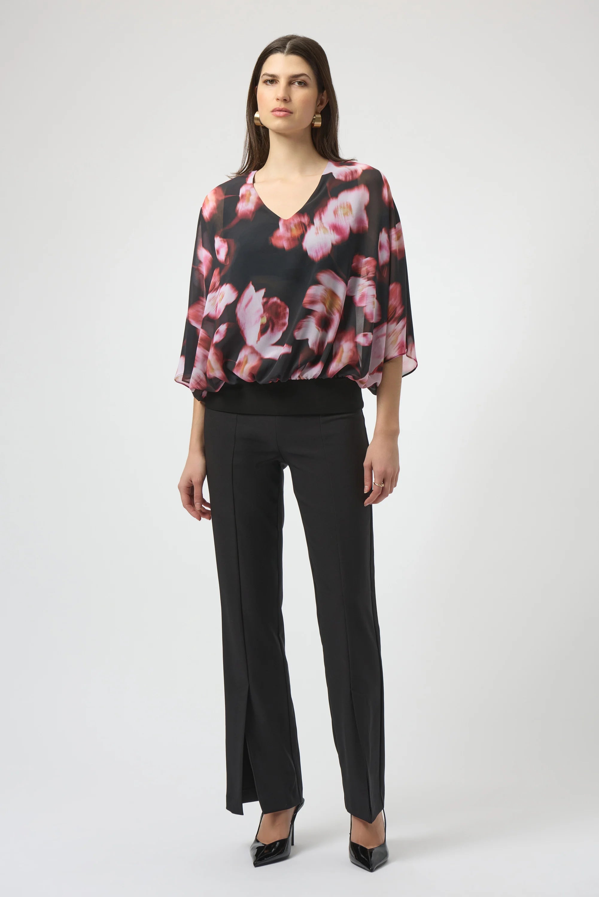 Full Body View Image of Joseph Ribkoff Chiffon & Silky Knit Floral Print Boxy Top in Black/Multi