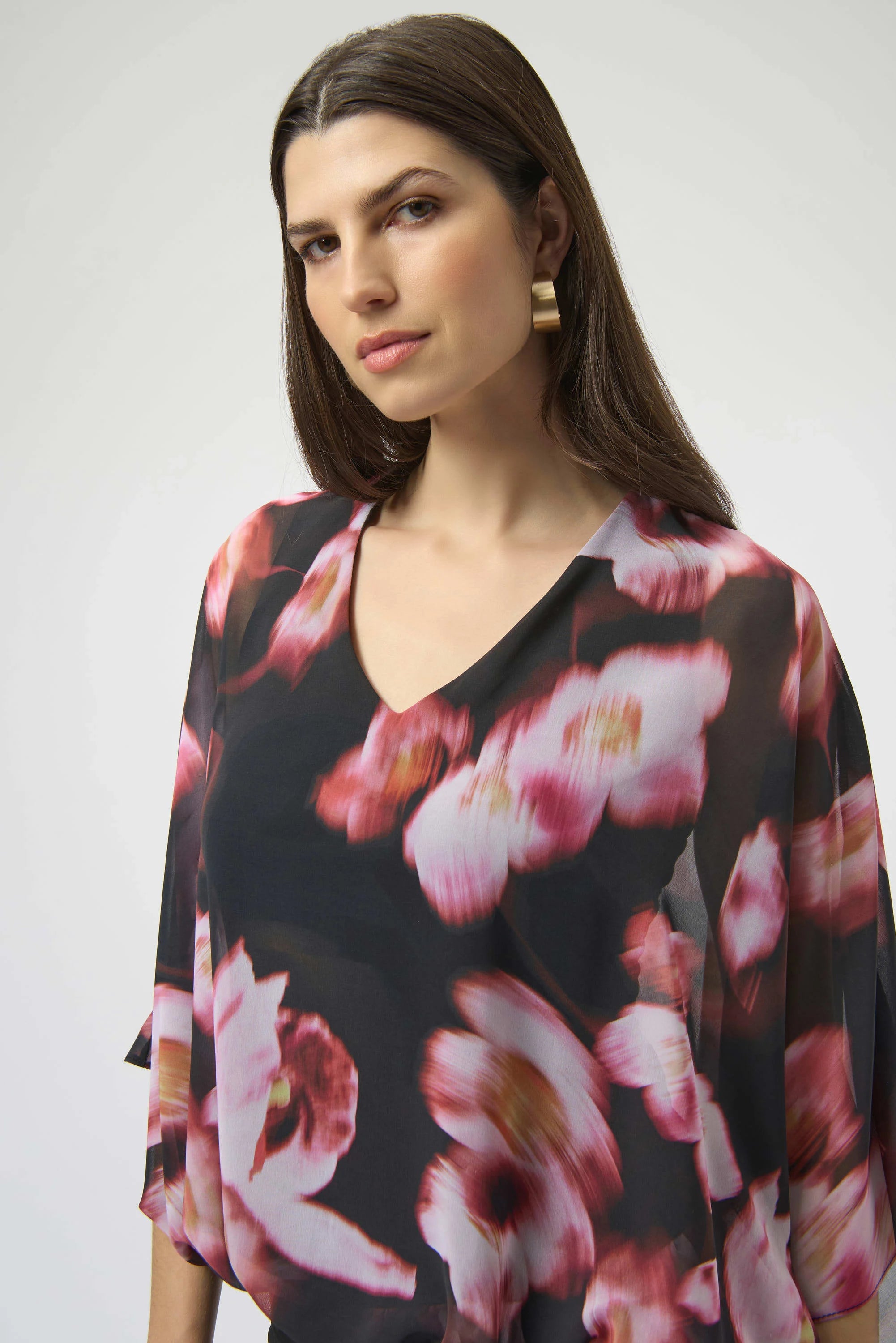 Front Close Up View Image of Joseph Ribkoff Chiffon & Silky Knit Floral Print Boxy Top in Black/Multi