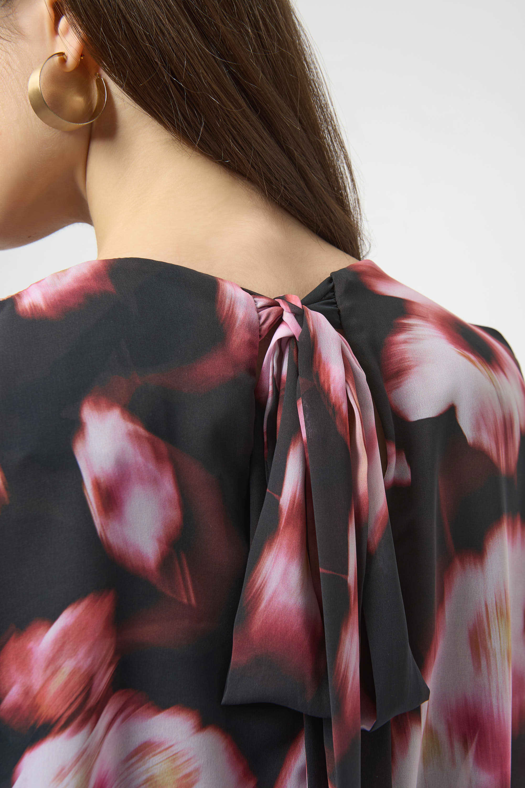 Back Close Up View Image of Joseph Ribkoff Chiffon & Silky Knit Floral Print Boxy Top in Black/Multi