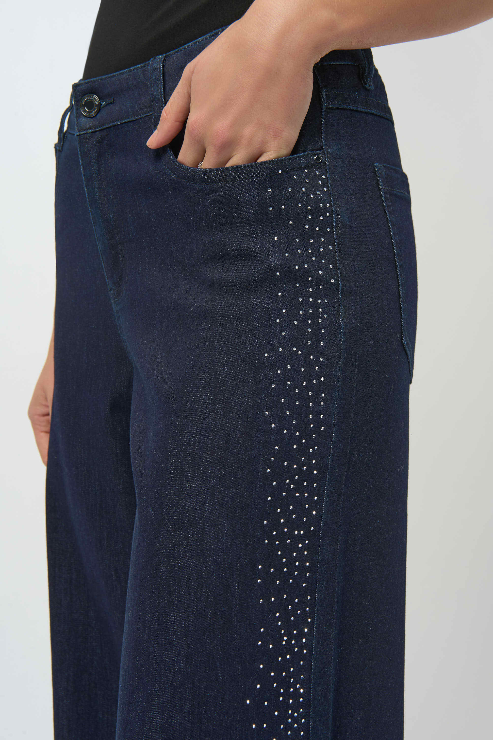 Close Up View Image of Joseph Ribkoff Classic Wide Leg Jean with Rhinestone Seams in Dark Denim Blue
