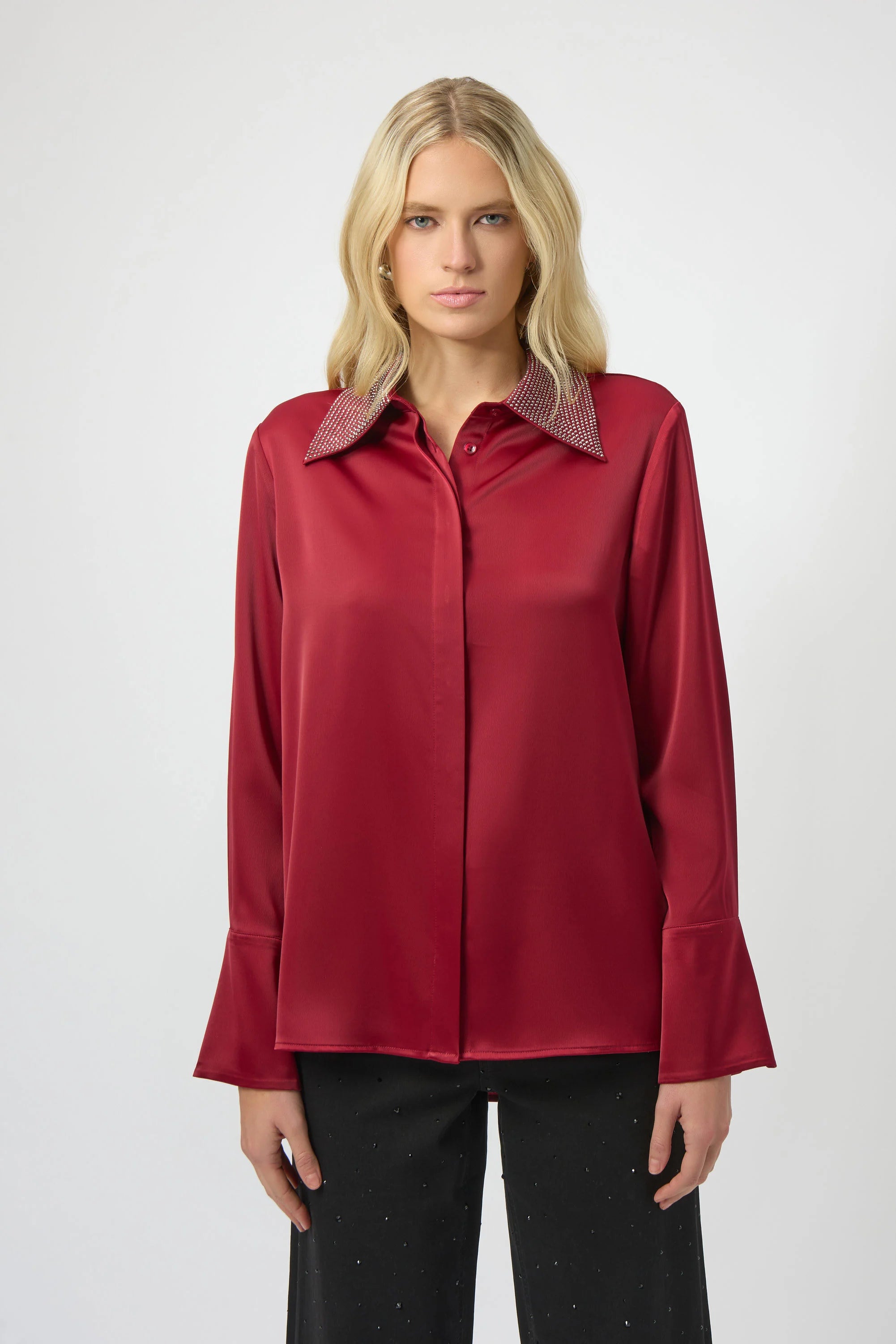 Front View Image of Joseph Ribkoff Satin Button-Front Blouse with Embellished collar in Deep Cherry  