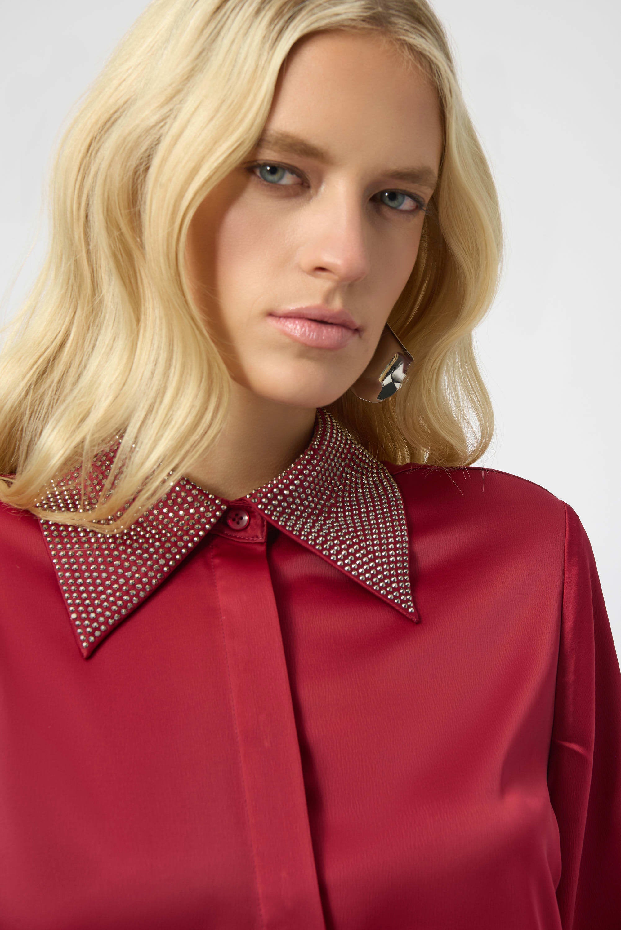 Close Up View Image of Joseph Ribkoff Satin Button-Front Blouse with Embellished collar in Deep Cherry  