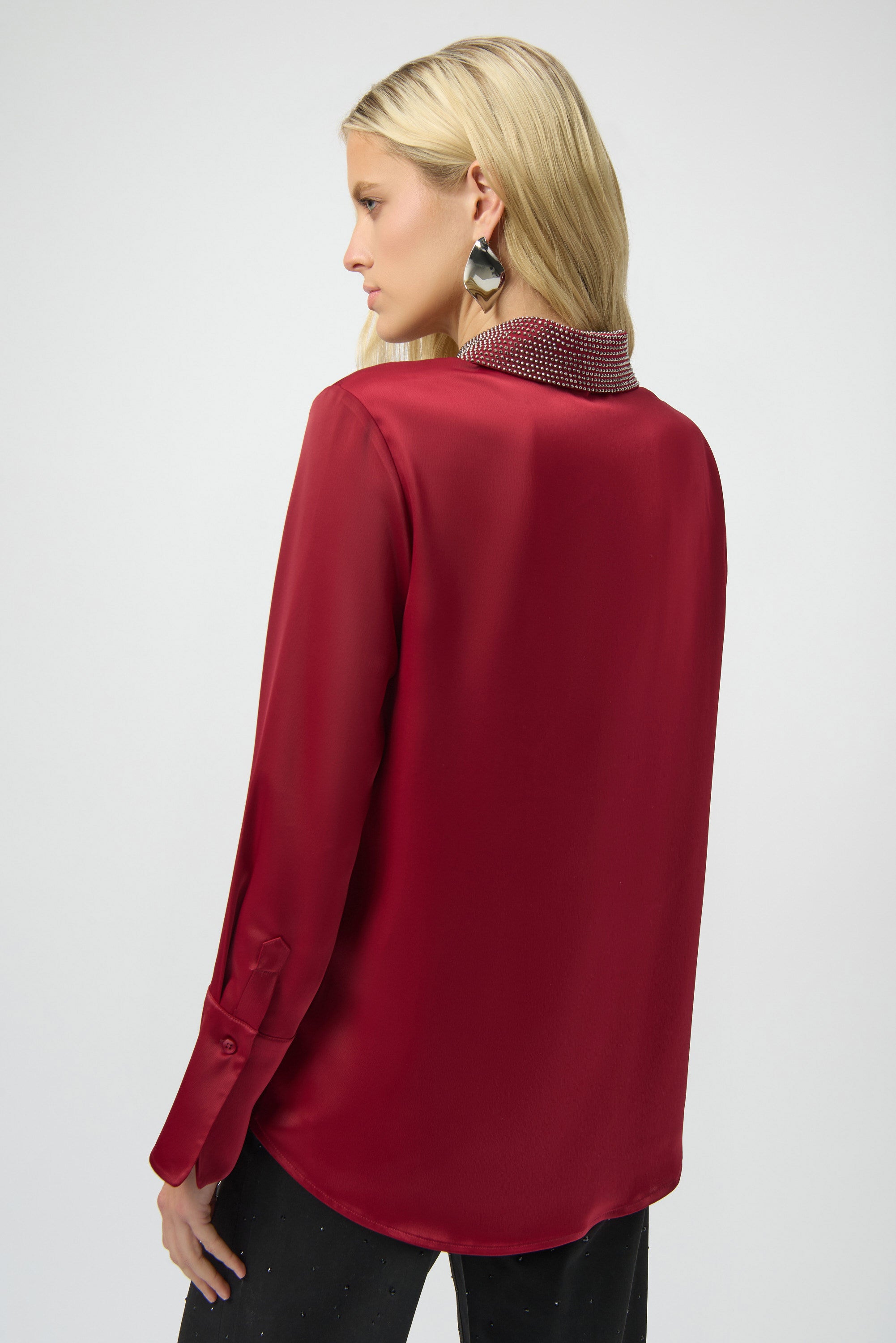Back View Image of Joseph Ribkoff Satin Button-Front Blouse with Embellished collar in Deep Cherry  