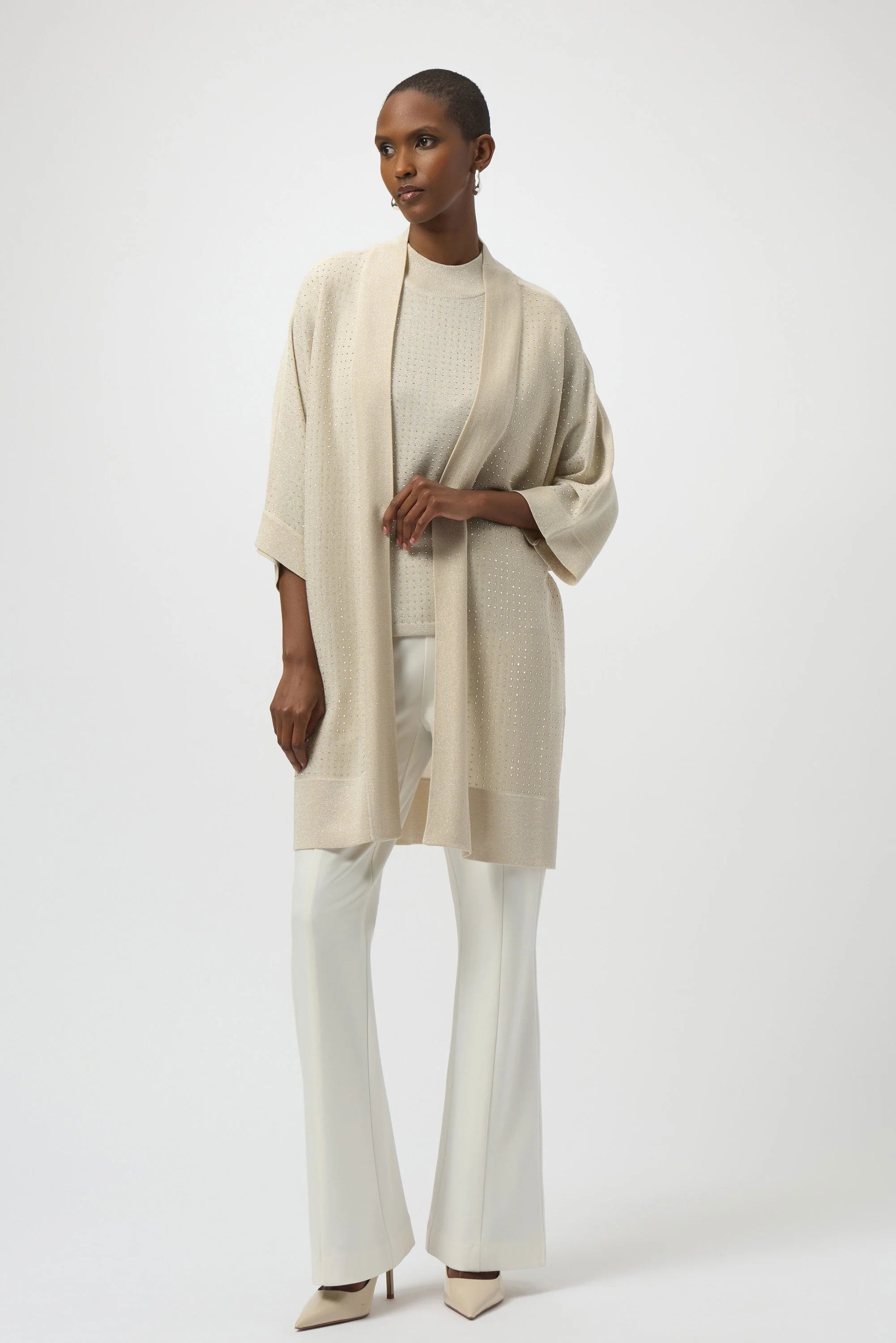 Full Body View Image of JOseph Ribkoff Sweater Knit Cover-Up with Iron-On Detail in Birch/Silver