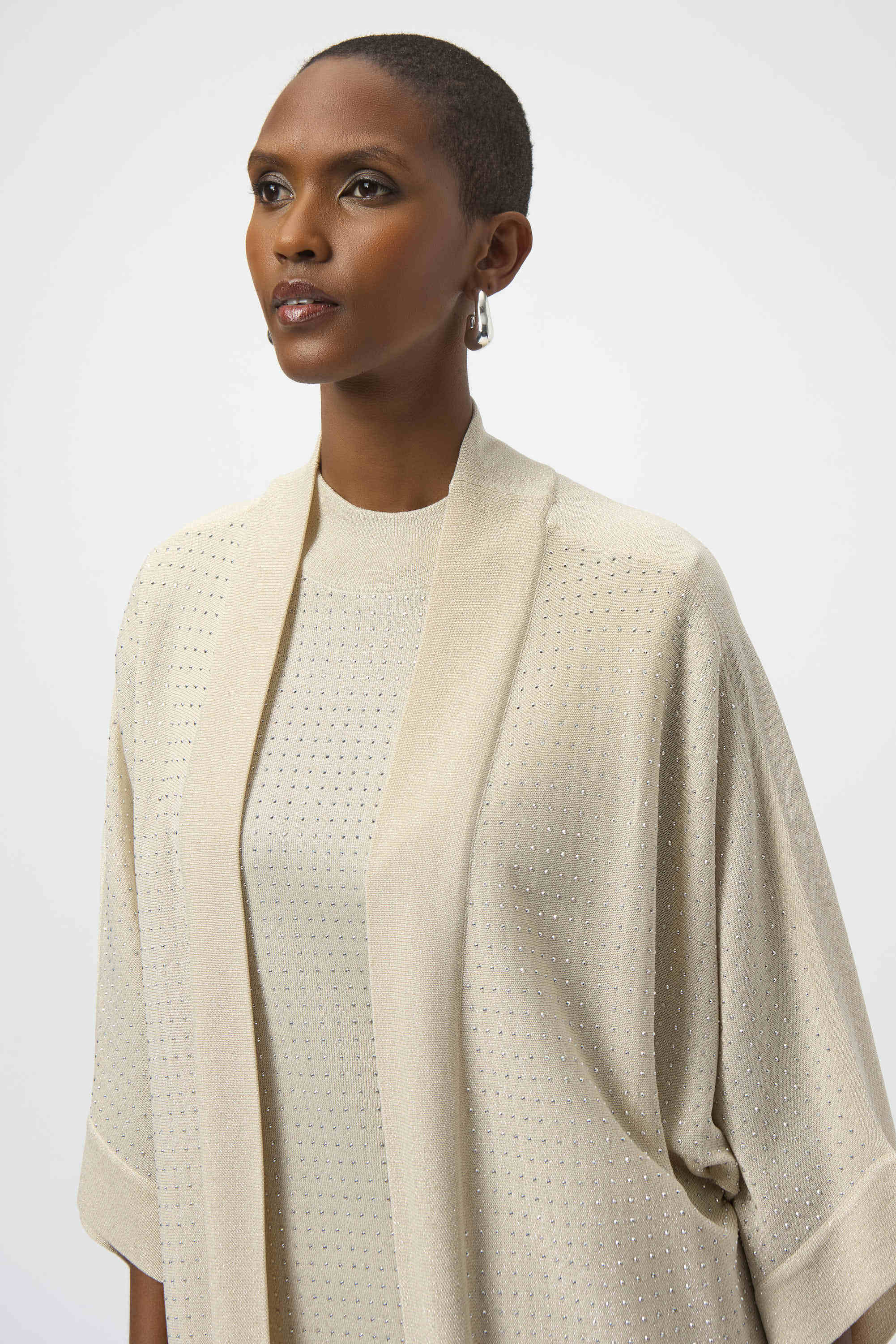 Front Clow Up View Image of JOseph Ribkoff Sweater Knit Cover-Up with Iron-On Detail in Birch/Silver