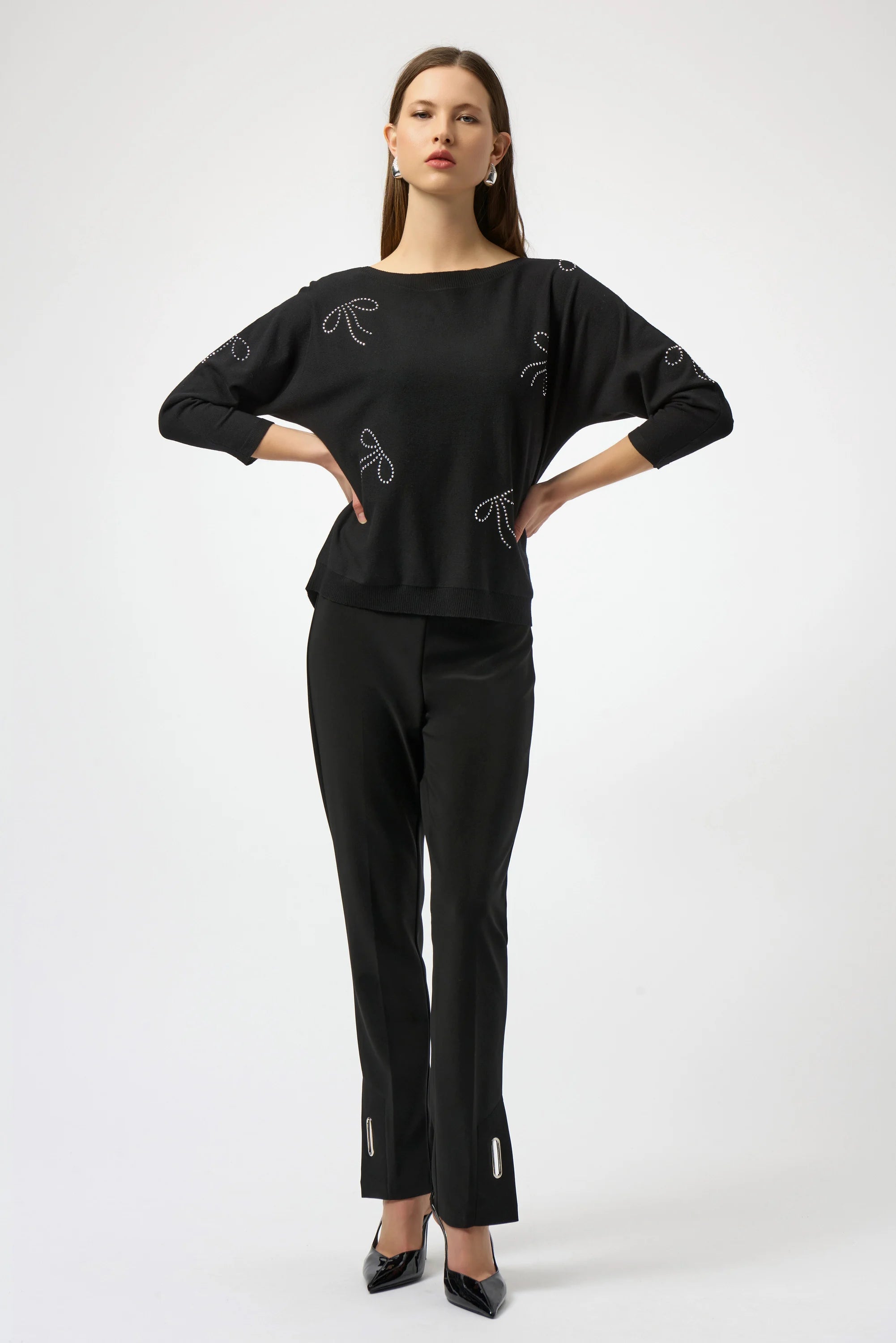 Full Body View Image of Joseph Ribkoff Sweater Knit Pullover with Iron-On Bow Detail in Black