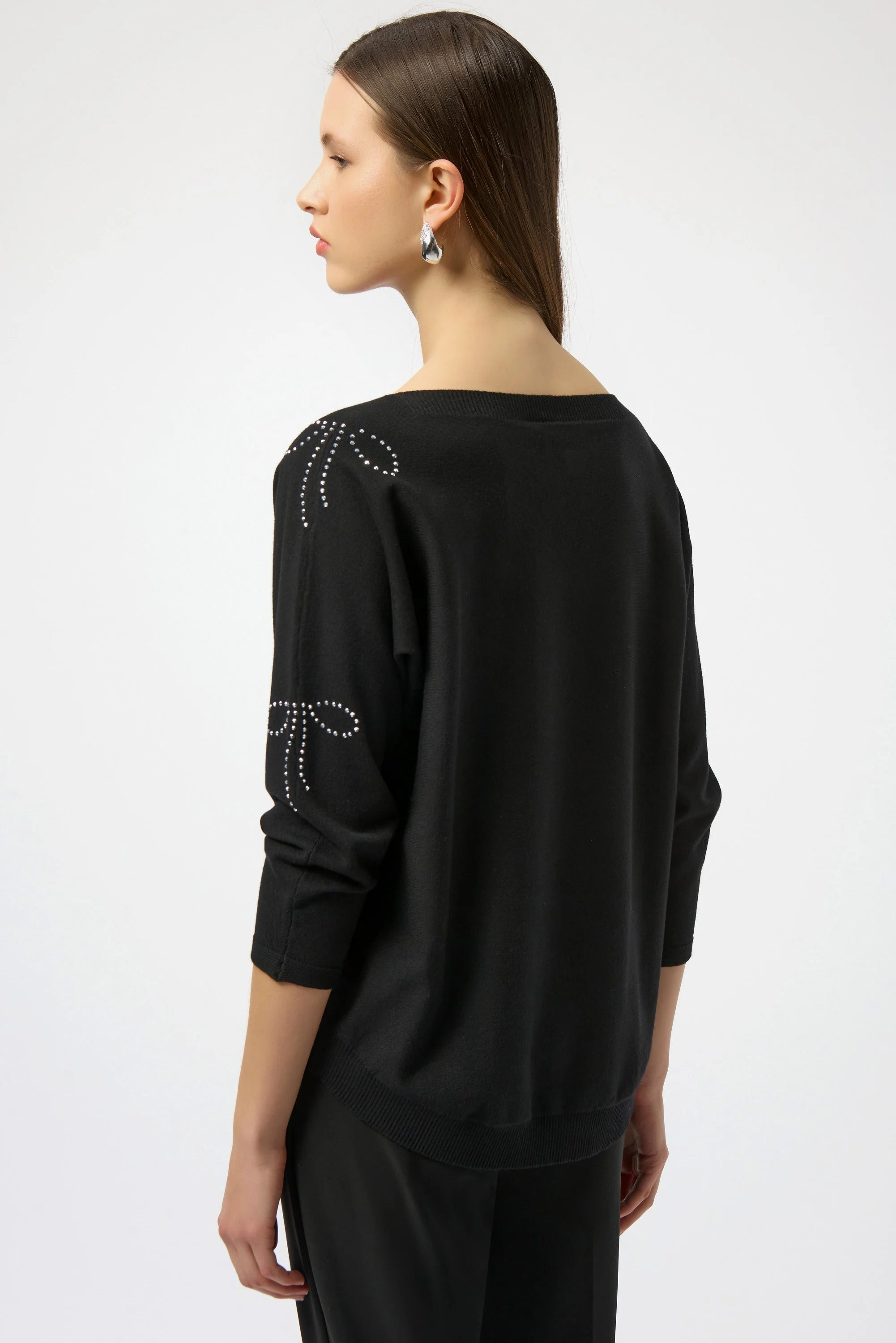 Back View Image of Joseph Ribkoff Sweater Knit Pullover with Iron-On Bow Detail in Black