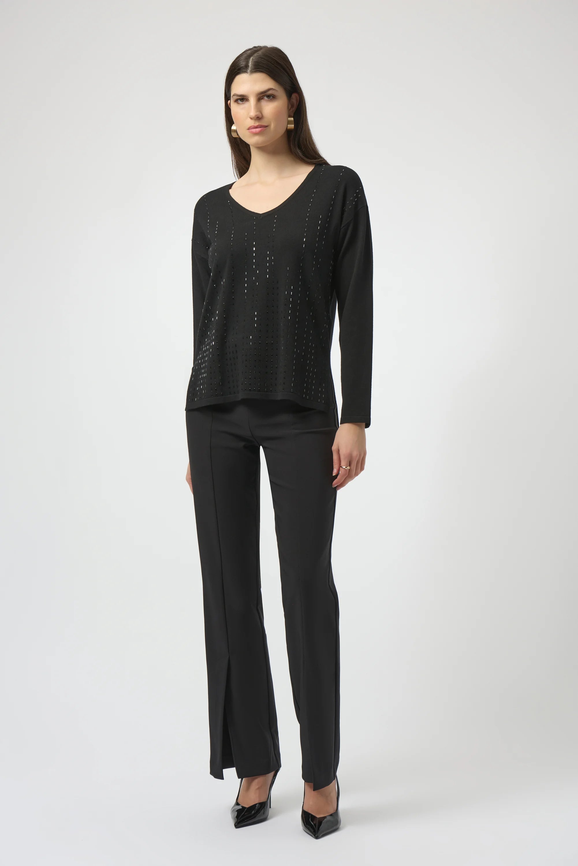 Full Body View Image of Joseph Ribkoff Sweater Knit Pullover with Iron-On Detail in Black