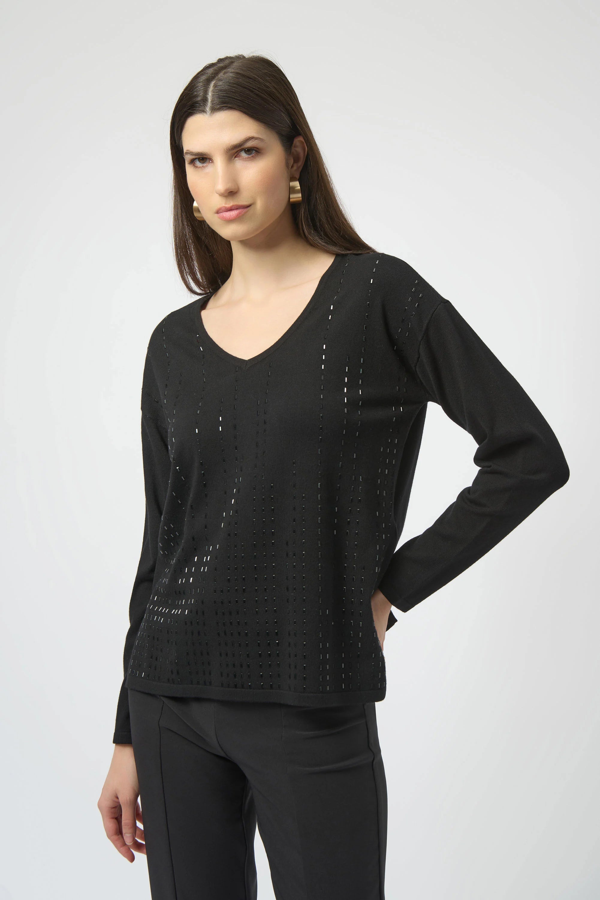 Front View Image of Joseph Ribkoff Sweater Knit Pullover with Iron-On Detail in Black