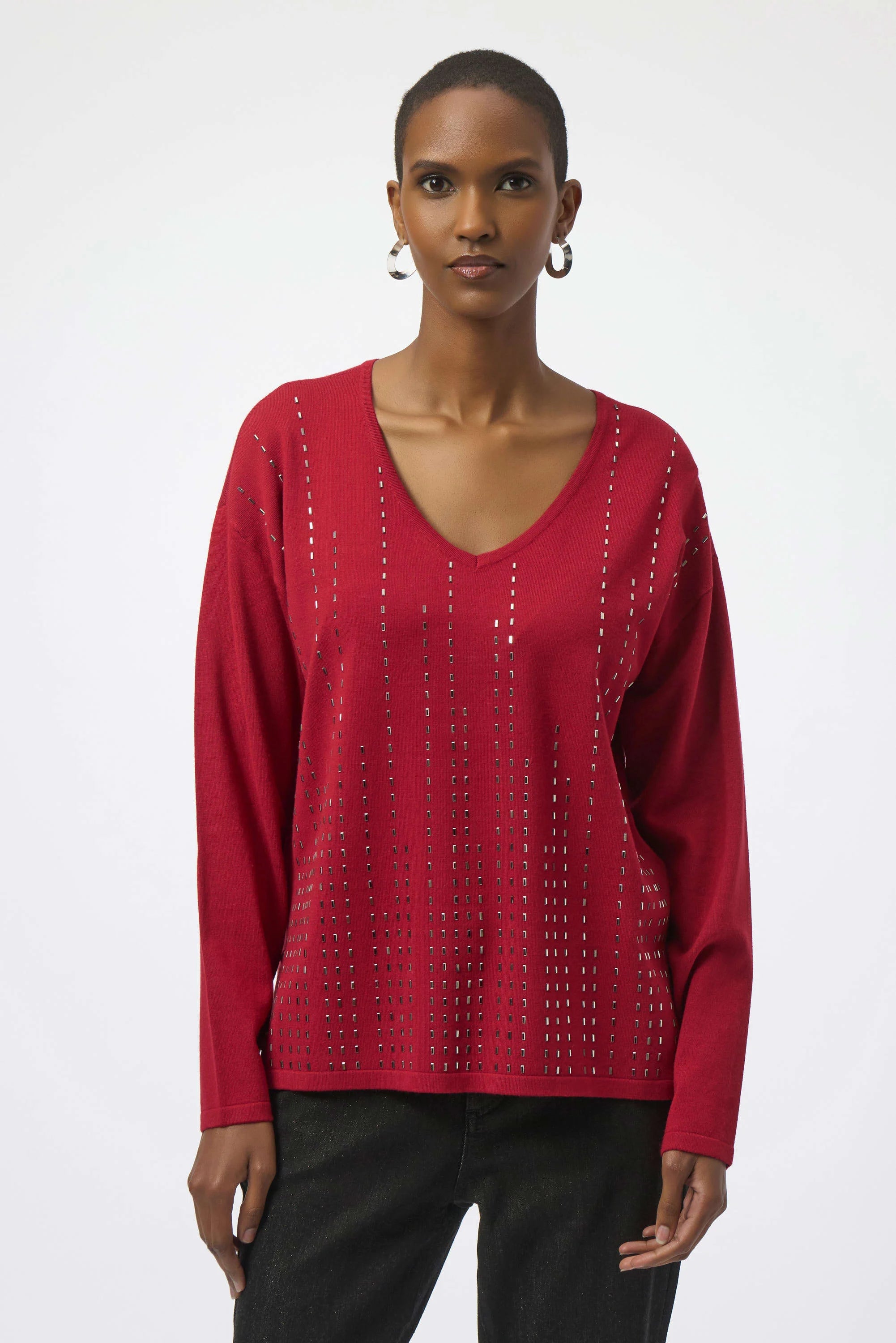 Front View Image of Joseph Ribkoff Sweater Knit Pullover with Iron-On Detail in Deep Cherry