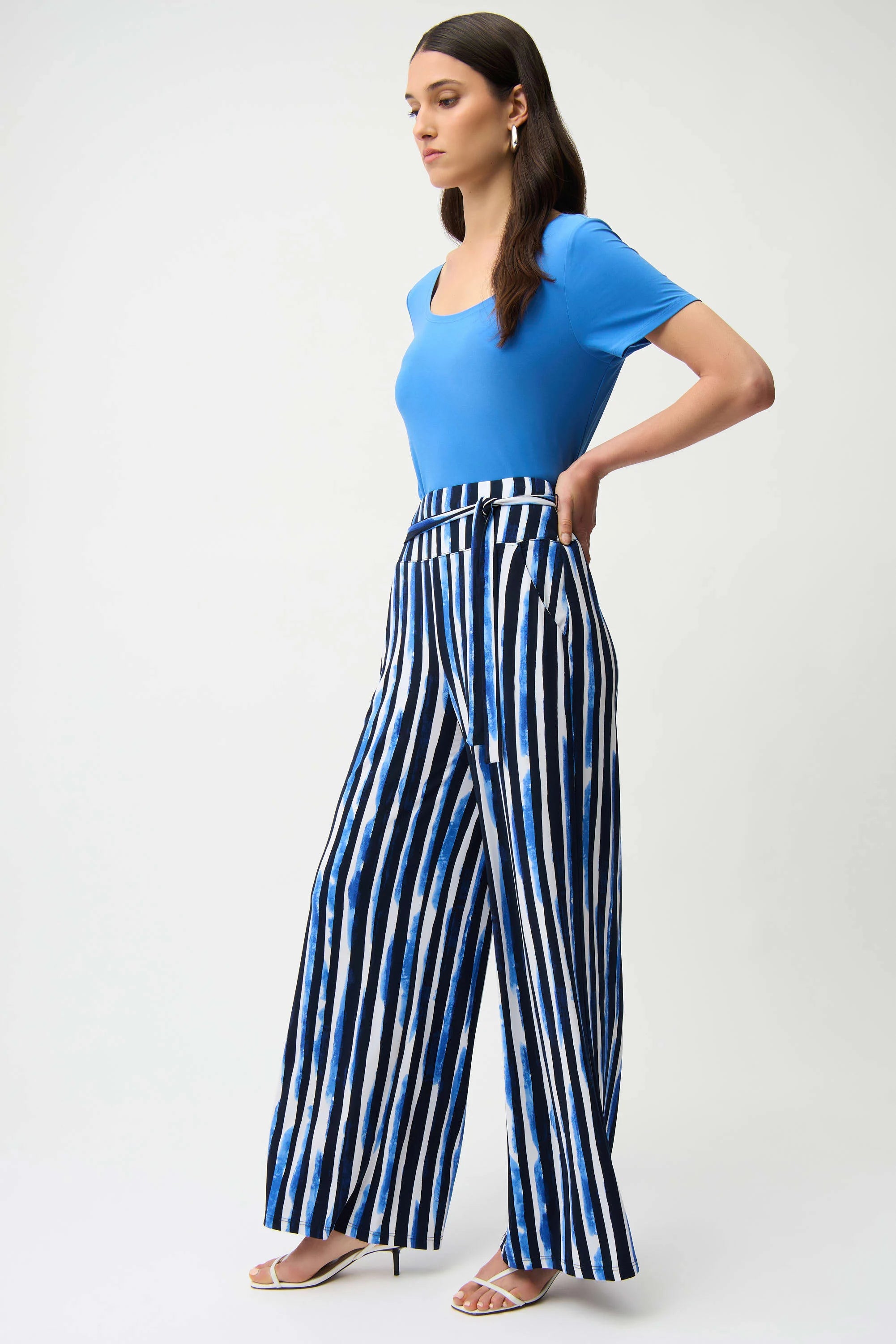 Full Body View Image of Joseph Ribkoff Silky Knit Stripe Print Wide Leg Pull-On Pants in Blue/Vanilla