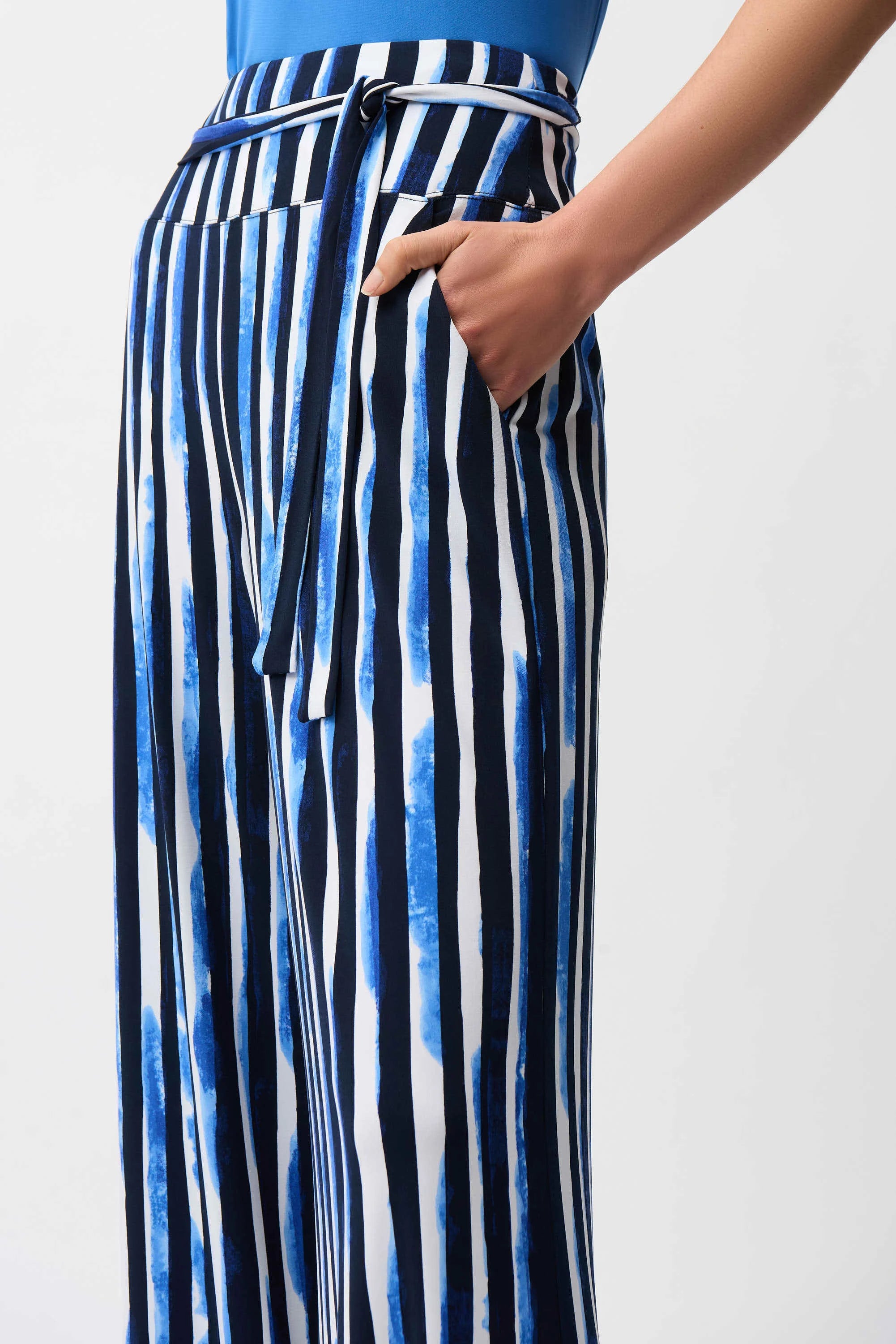 Close Up View Image of Joseph Ribkoff Silky Knit Stripe Print Wide Leg Pull-On Pants in Blue/Vanilla