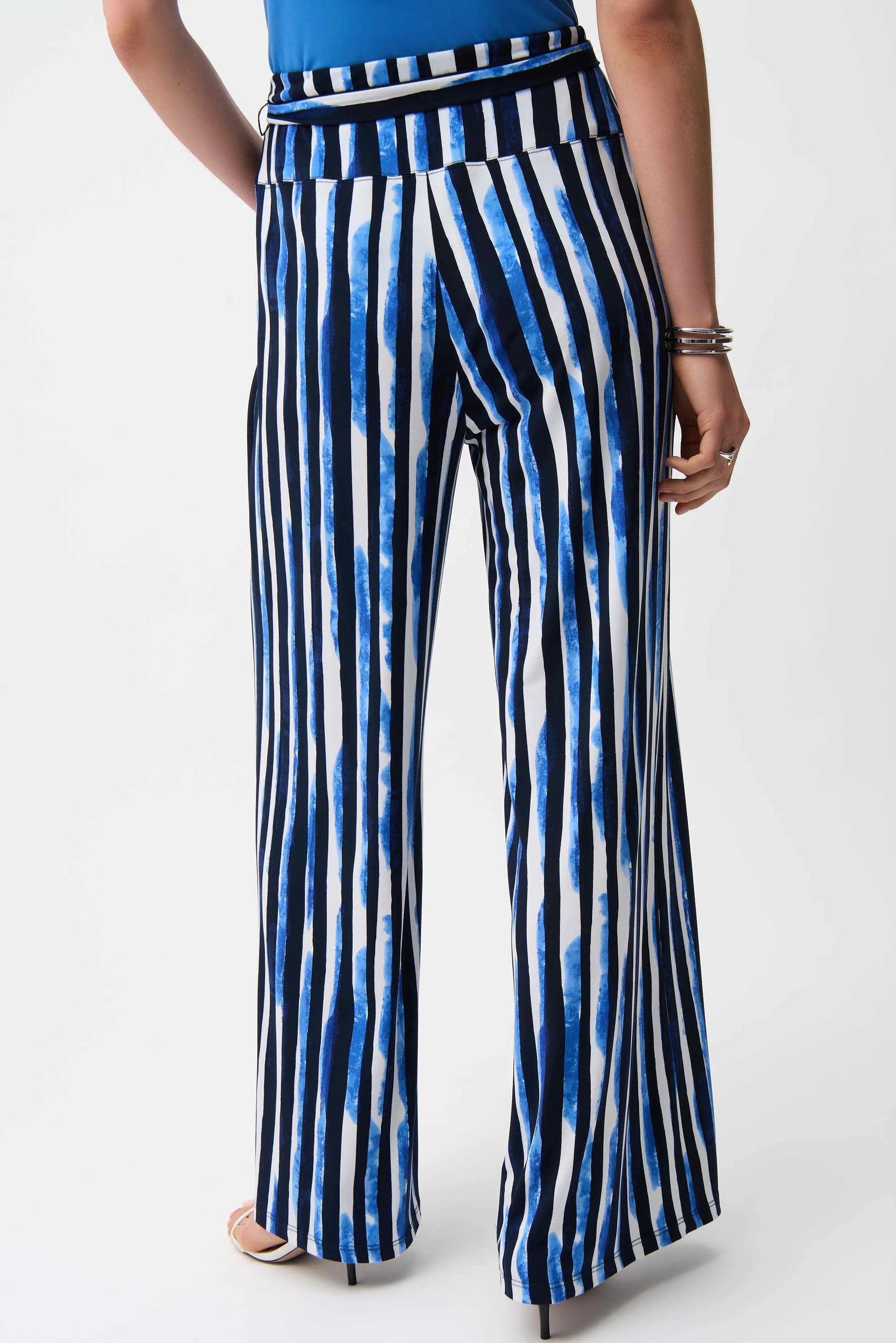 Back View Image of Joseph Ribkoff Silky Knit Stripe Print Wide Leg Pull-On Pants in Blue/Vanilla