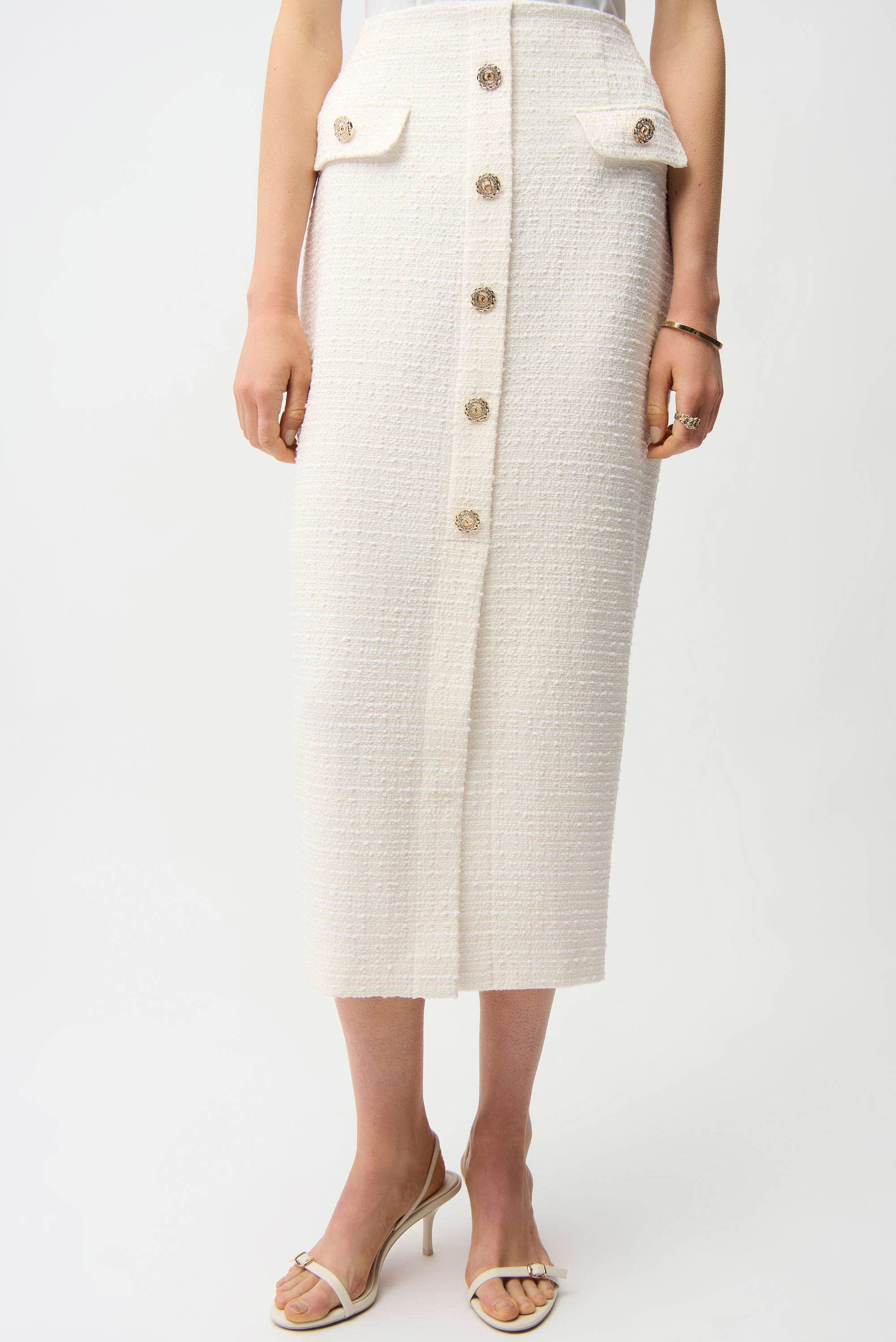 Front View Image of Joseph Ribkoff Bouclé Pencil Skirt With Gold Buttons in Off-White