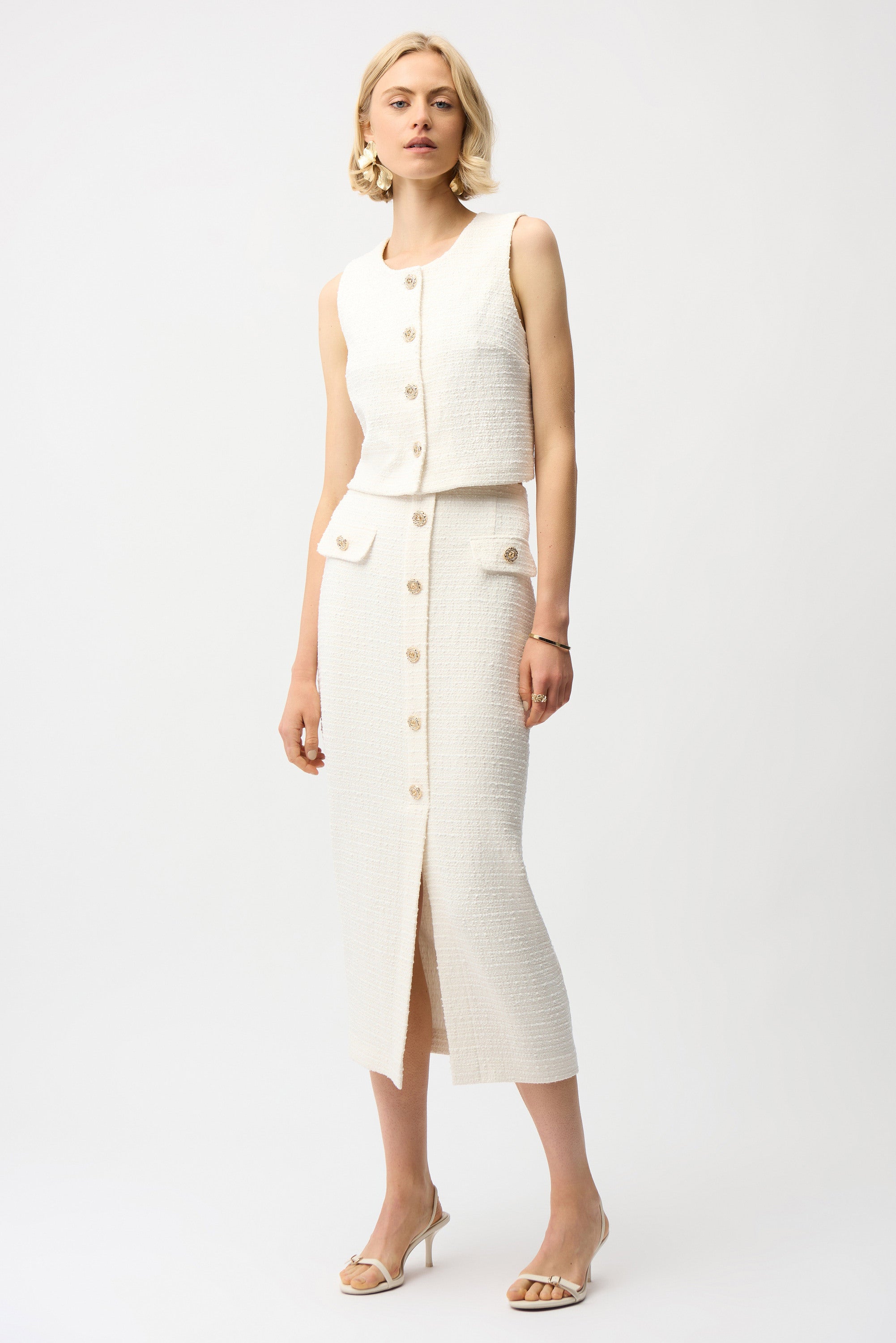 Full Body View Image of Joseph Ribkoff Bouclé Pencil Skirt With Gold Buttons in Off-White