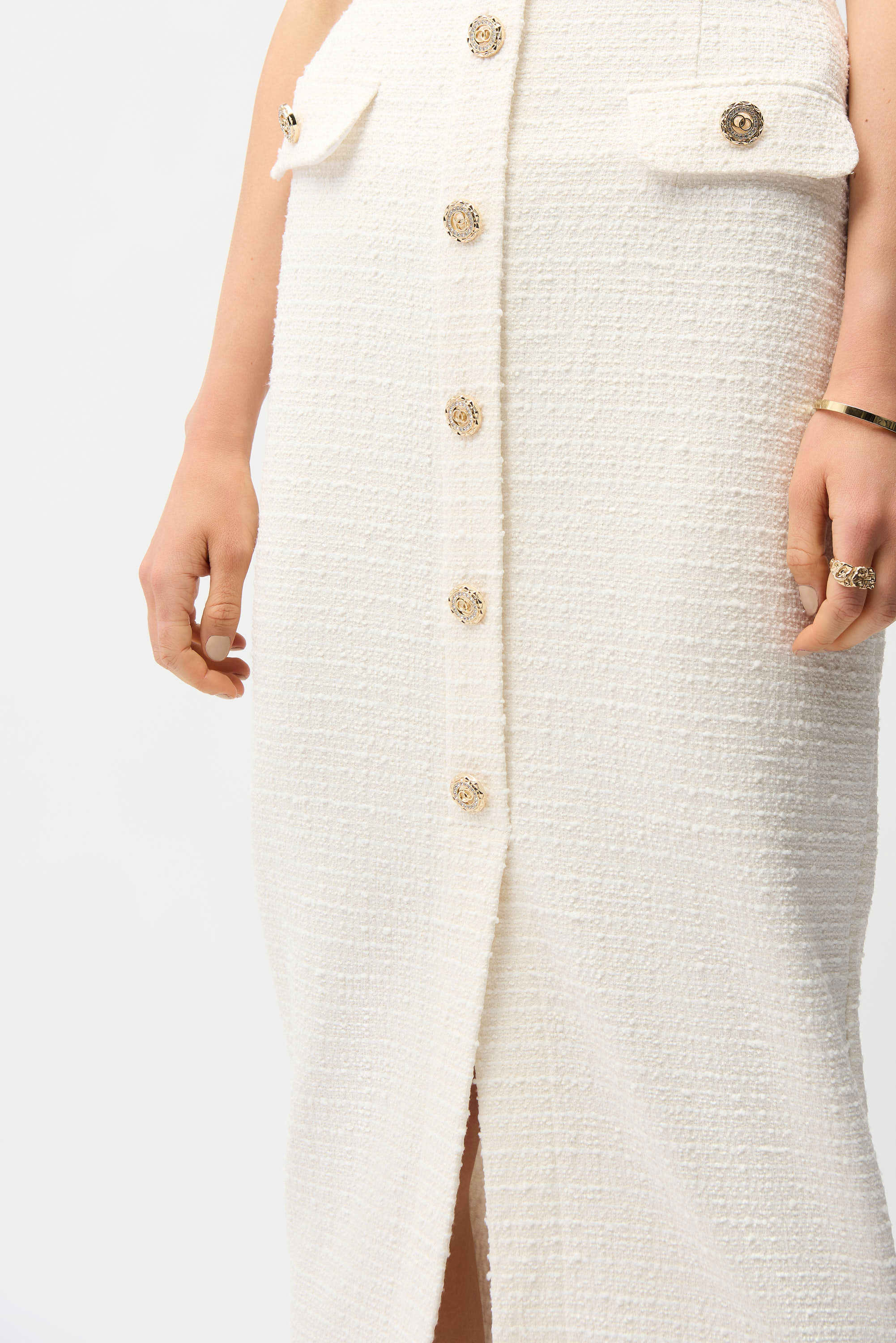 Close Up View Image of Joseph Ribkoff Bouclé Pencil Skirt With Gold Buttons in Off-White