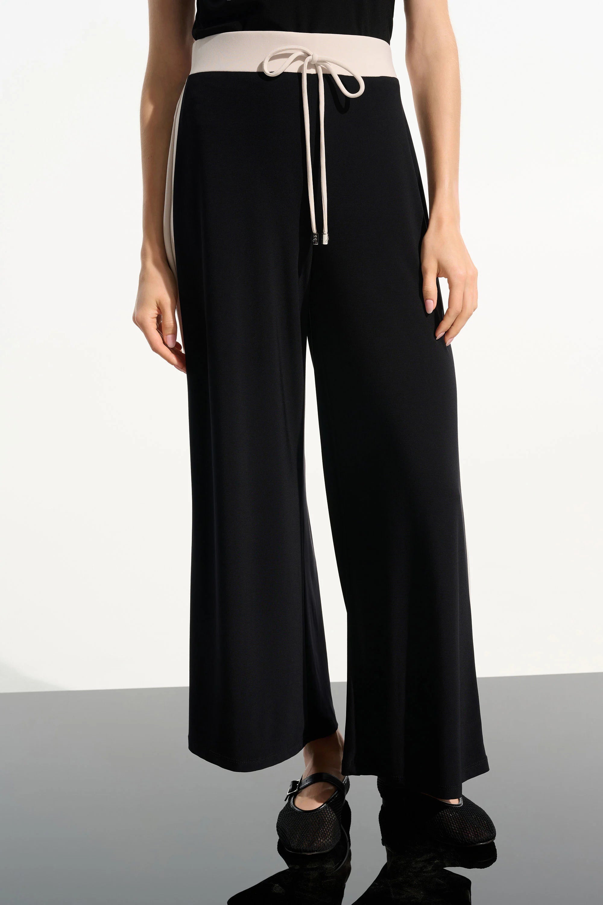 Front View Image of Joseph Ribkoff Silky Knit Color Block Wide Leg Pull-On Pants in Black/Moonstone