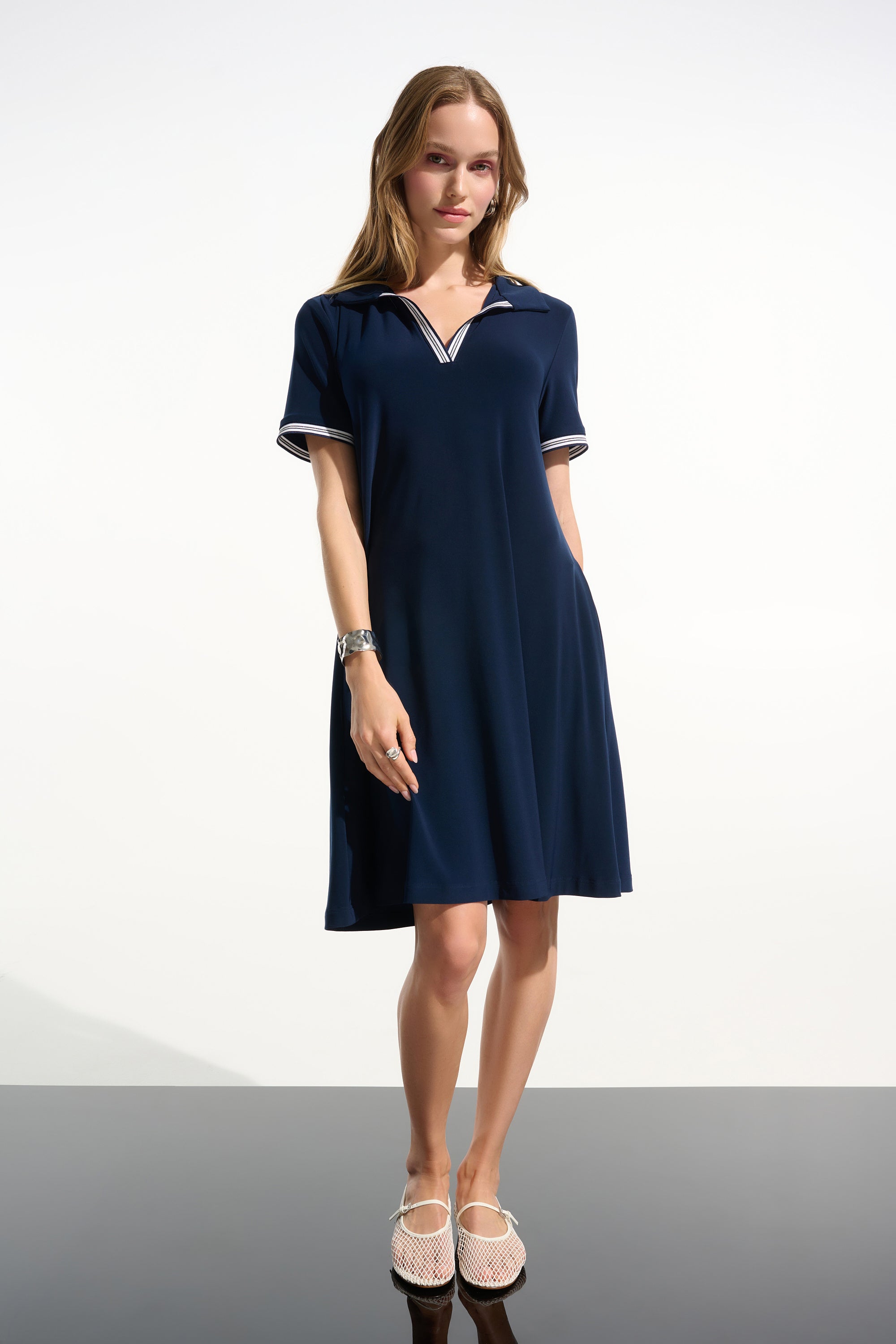 Front View Image of JOseph Ribkoff Silky Knit Trapeze Dress with Polo Collar in Indigo