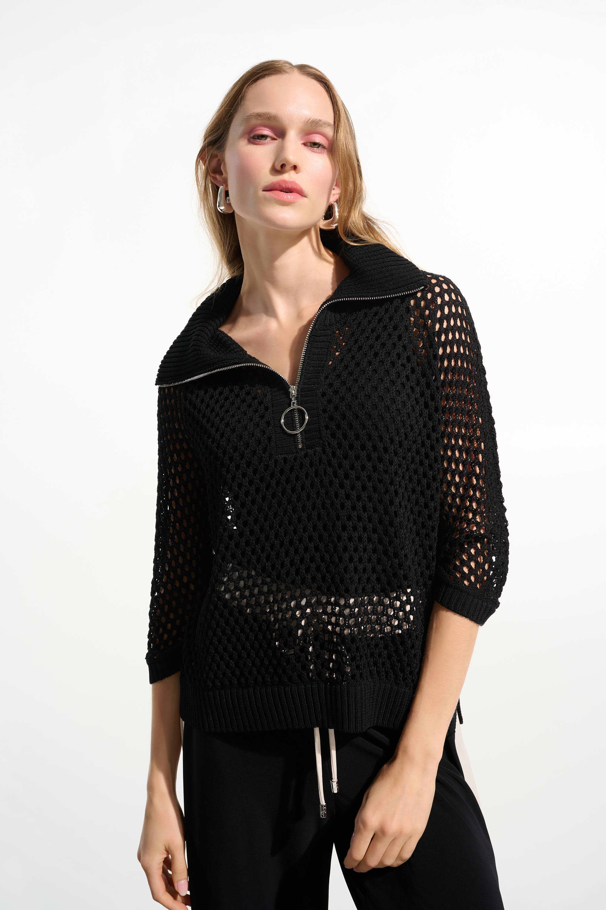 Front View Image of Joseph Ribkoff Vicscose Blend Boxy Sweater Knit With Zipped Neckline in black