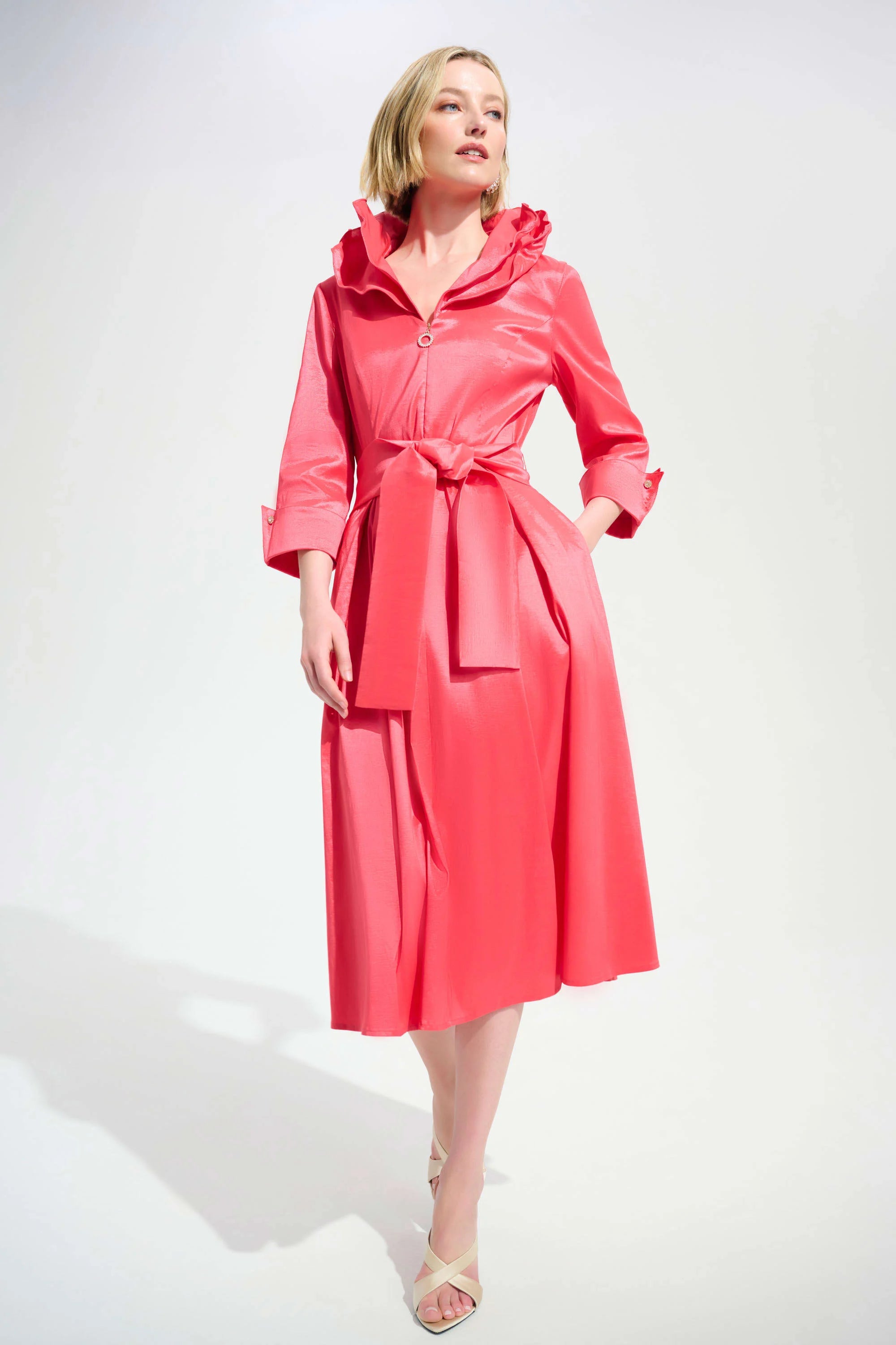 Front View Image of Joseph Ribkoff Stretch Taffeta Fit And Flare Dress With Lapel Collar in Paradise Coral
