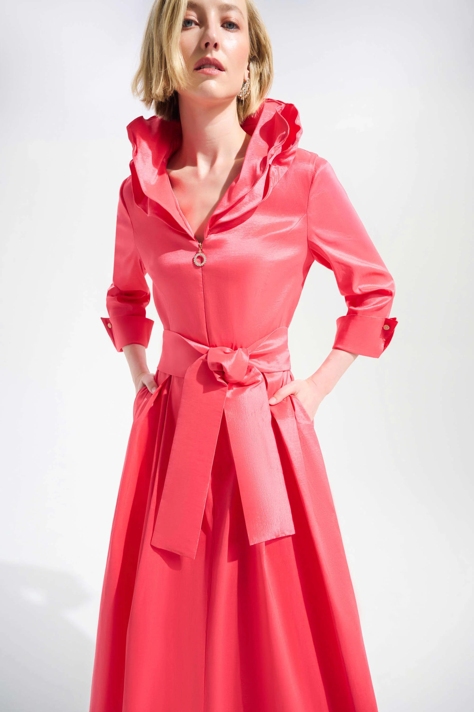 Front  Close up with pockets View Image of Joseph Ribkoff Stretch Taffeta Fit And Flare Dress With Lapel Collar in Paradise Coral