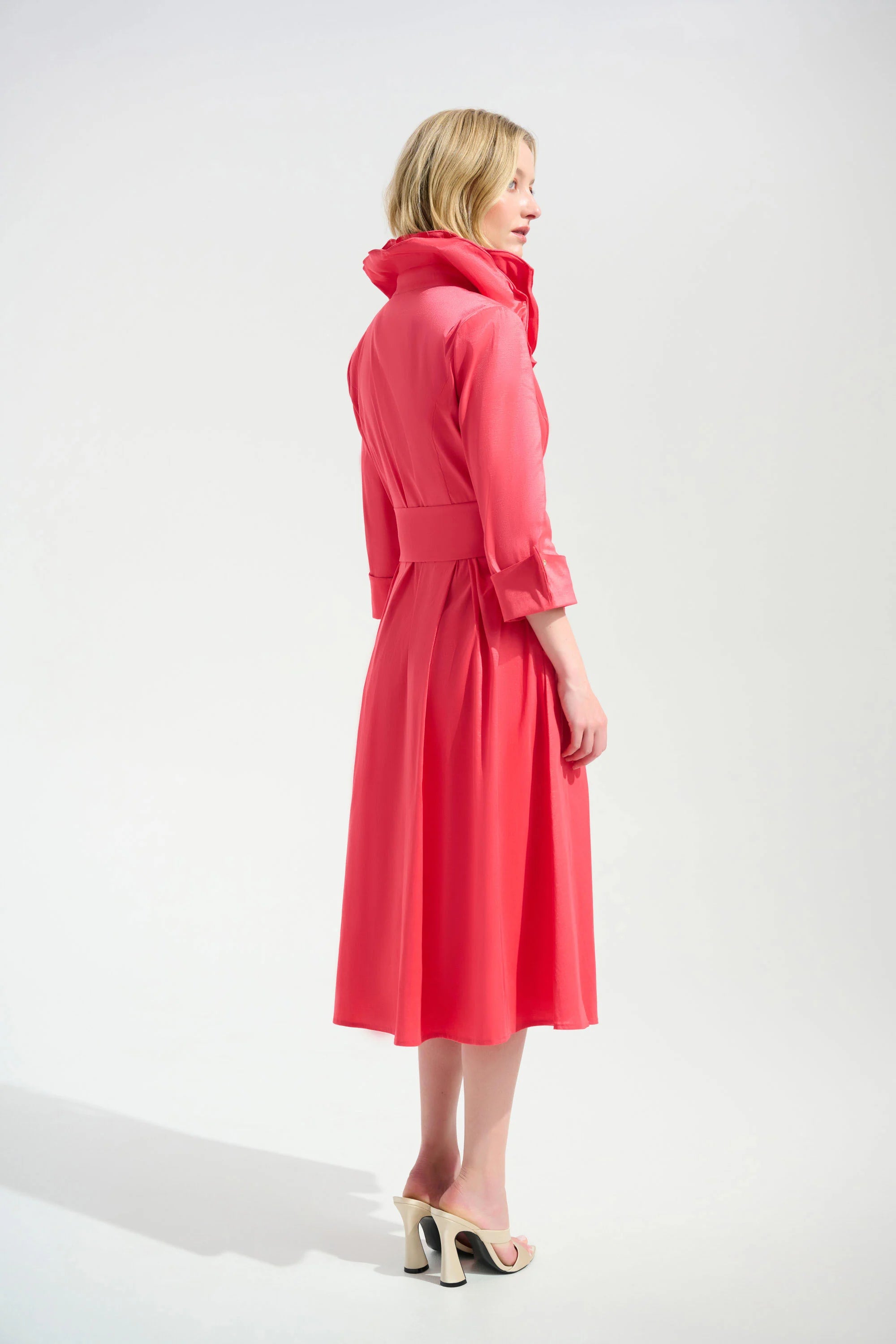 Back View Image of Joseph Ribkoff Stretch Taffeta Fit And Flare Dress With Lapel Collar in Paradise Coral
