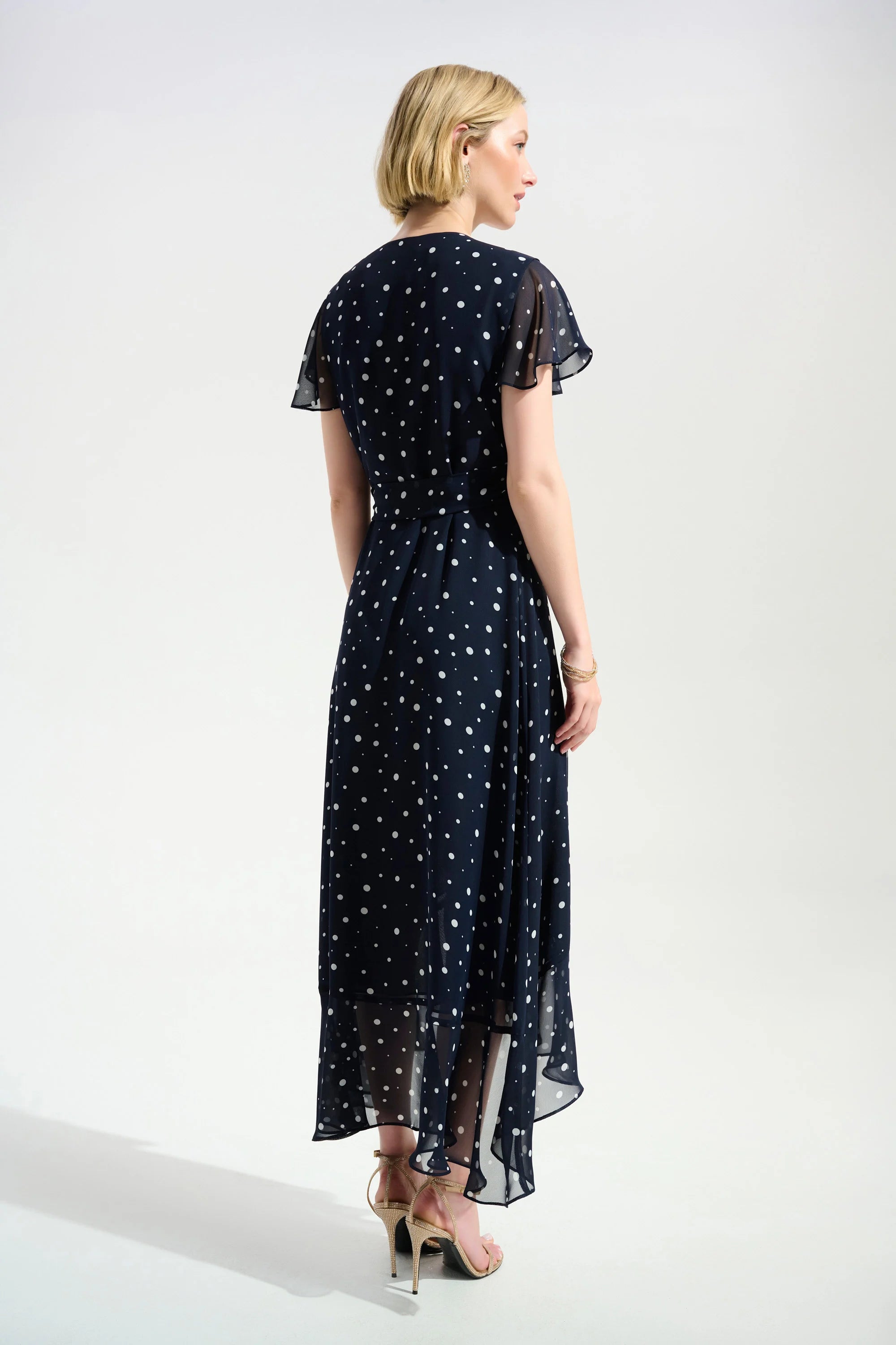 Back View Image of Joseph Ribkoff Chiffon Print Wrap Dress With Ruffle Detail in midnight Blue/Vanilla
