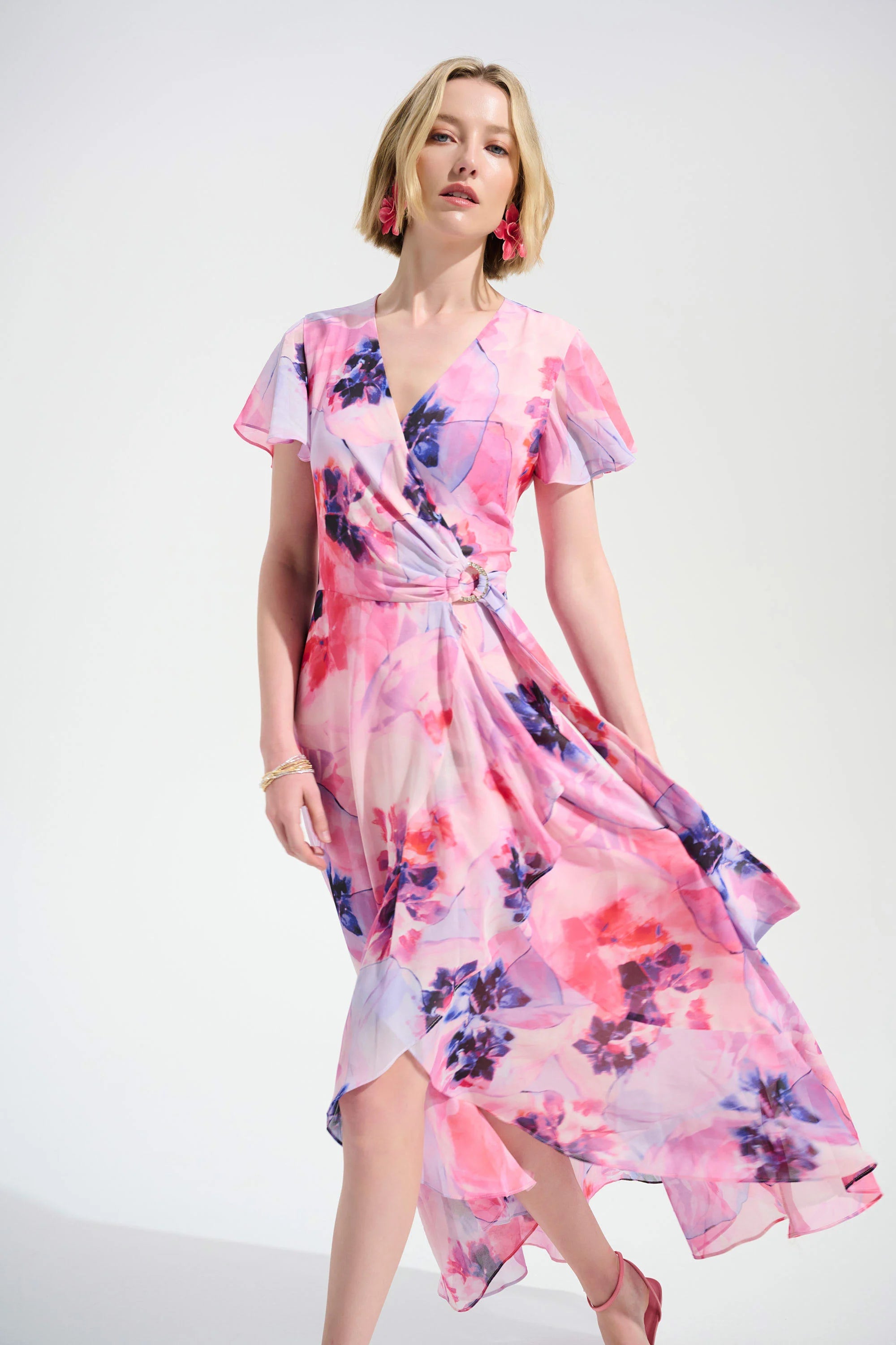 Front View Image of Joseph Ribkoff Chiffon Print Wrap Dress With Ruffle Detail in Multi