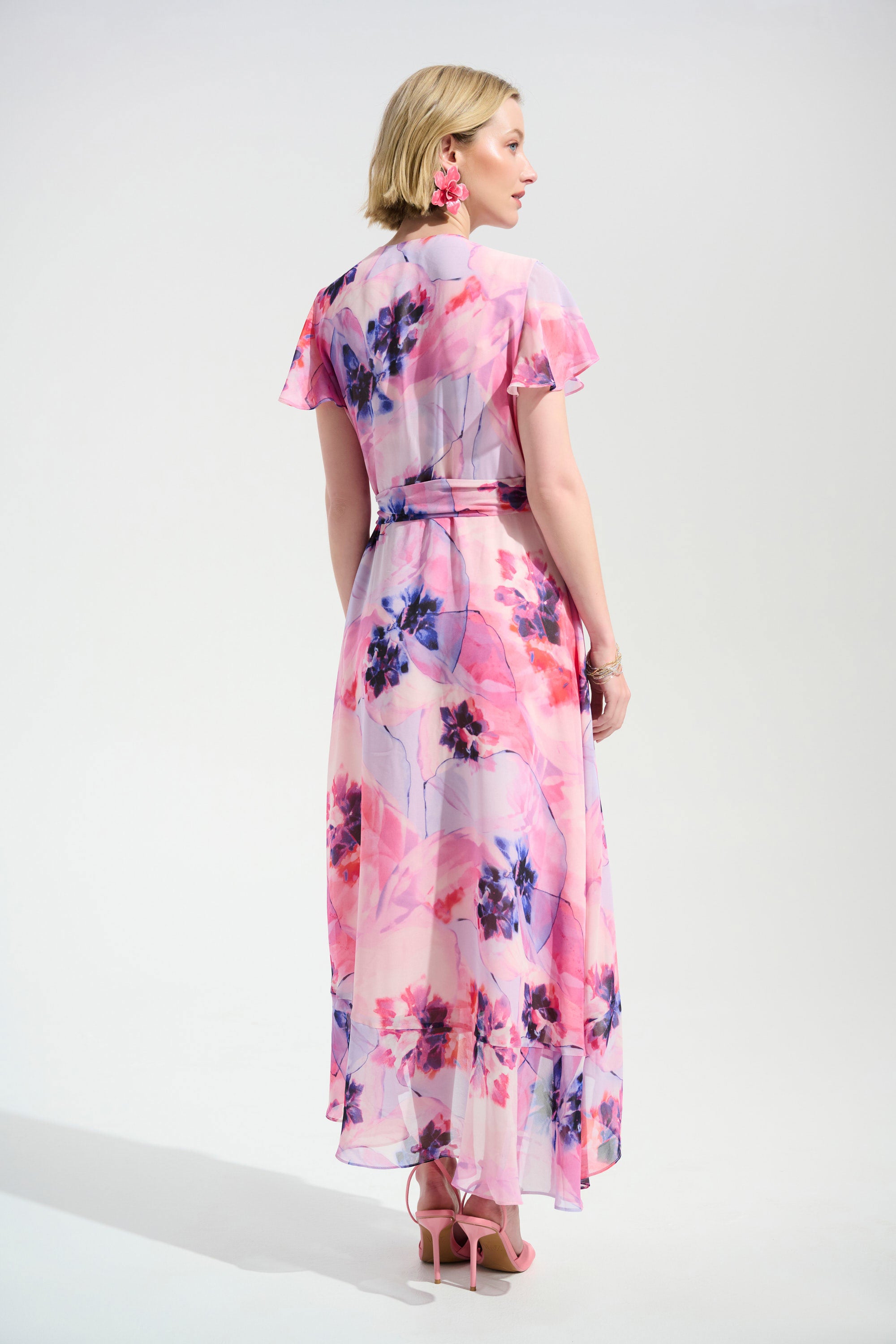 Back View Image of Joseph Ribkoff Chiffon Print Wrap Dress With Ruffle Detail in Multi