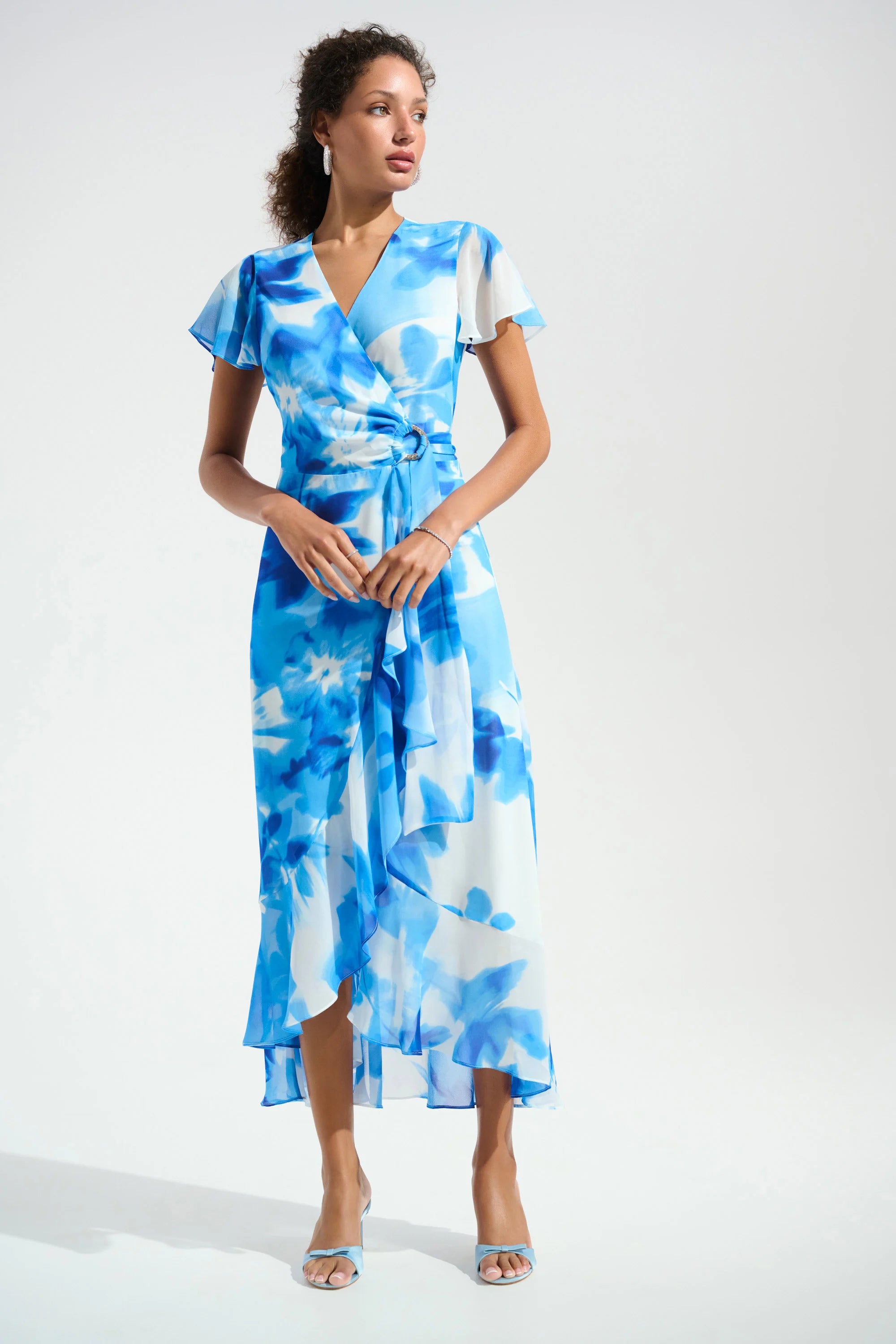 Front View Image of Joseph Ribkoff  Chiffon Print Wrap Dress With Ruffle Detail in Vanilla/Blue