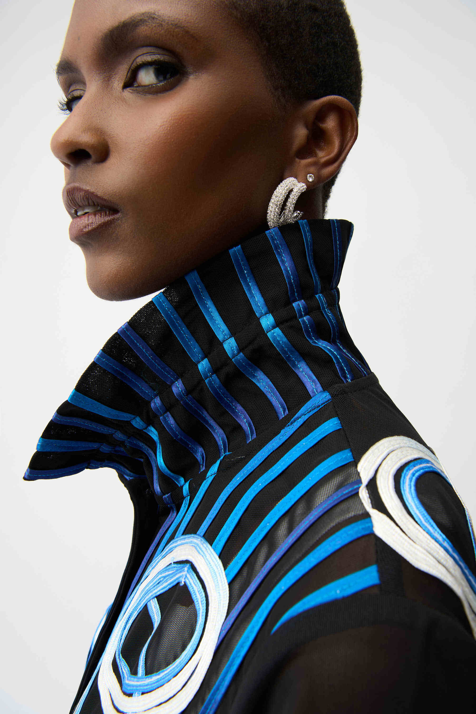 Collar Close Up View Image of Joseph Ribkoff Satin And Mesh Soutache Jacket With Bell Sleeves in Black/Multi