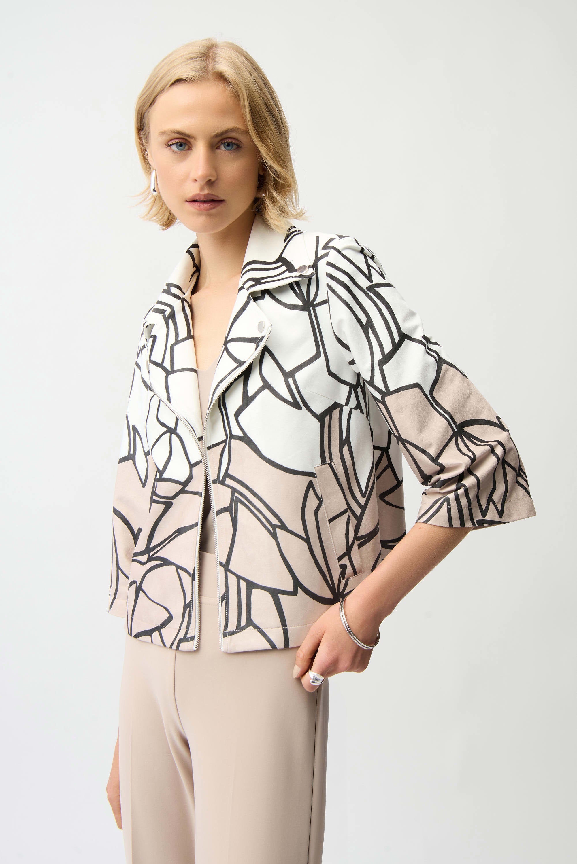 Front View Image of Joseph Ribkoff Faux Suede Abstract Print Swing Jacket in Vanilla/ Multi