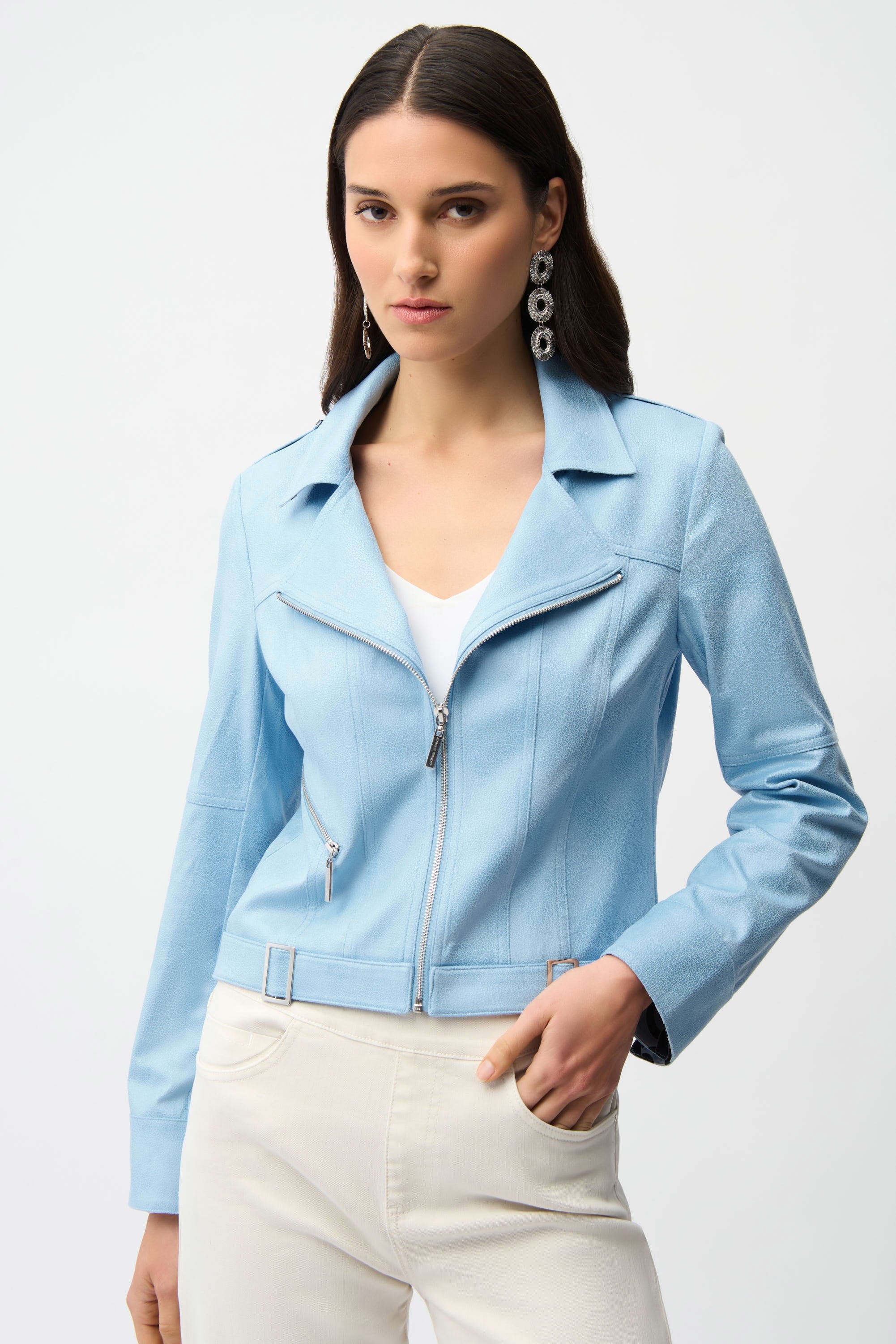 Front View Image of Joseph Ribkoff foiled Faux Suede Fitted Jacket with Decorative Buckles in Sky Blue