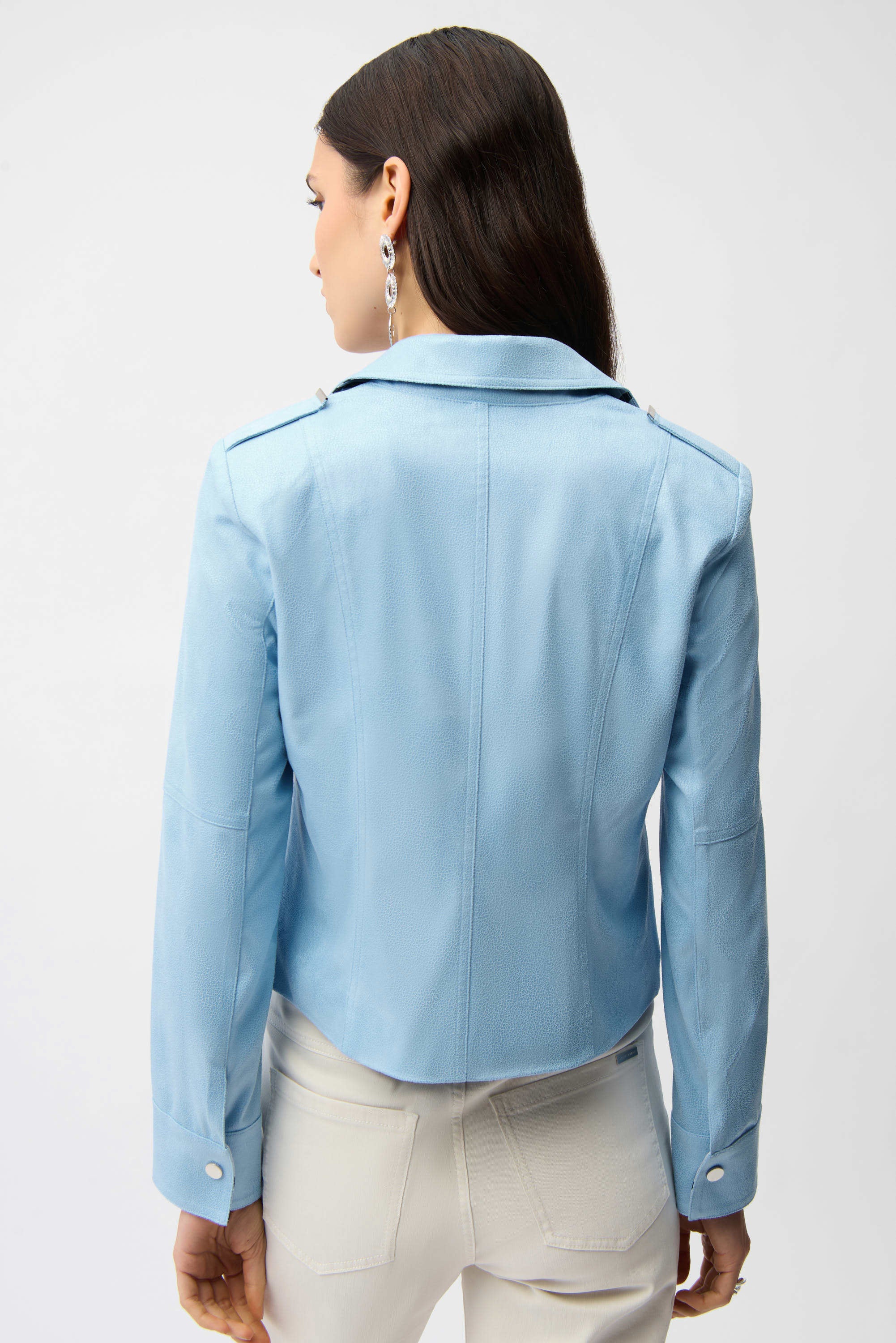 Back View Image of Joseph Ribkoff foiled Faux Suede Fitted Jacket with Decorative Buckles in Sky Blue