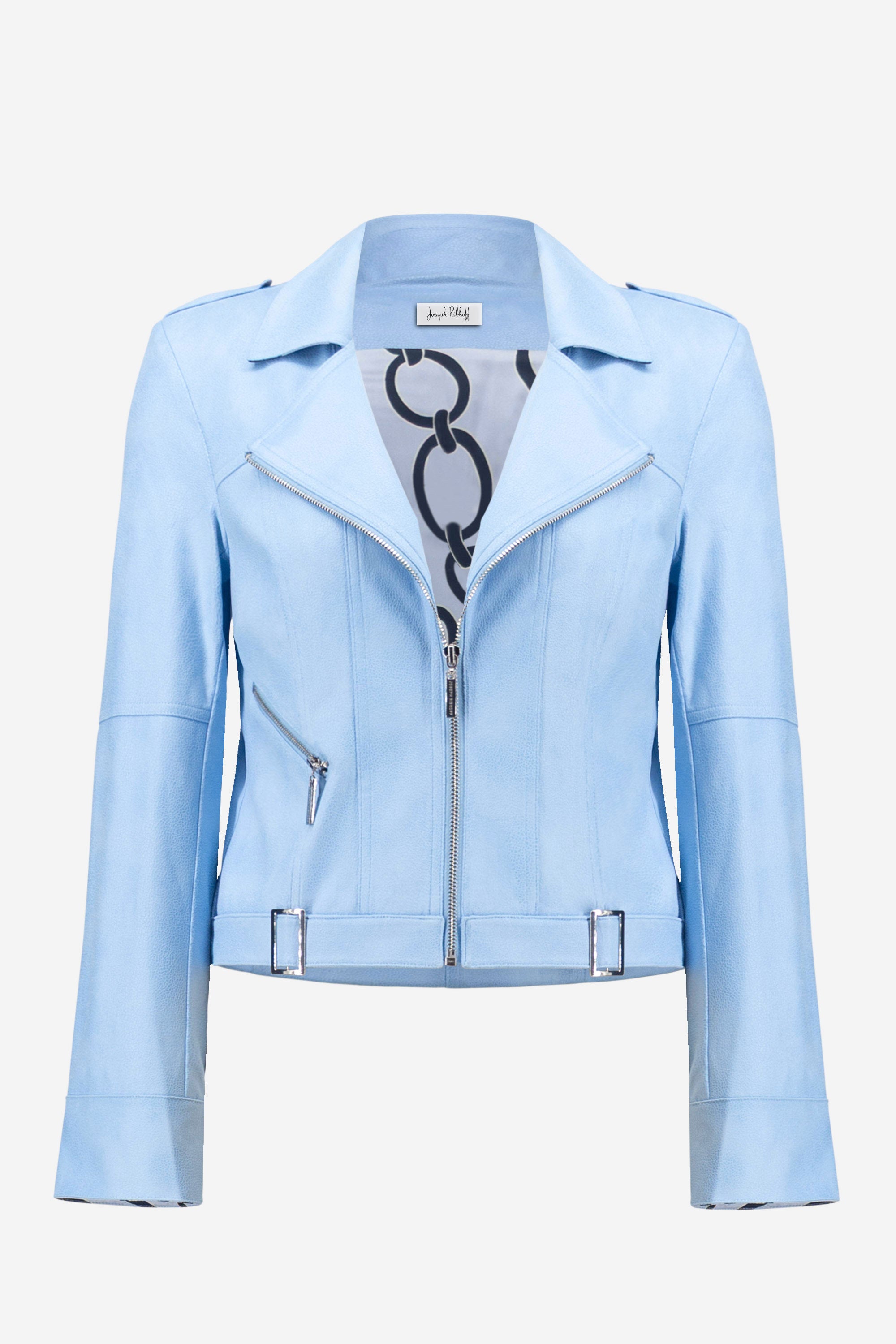 Front View with Pattern Image of Joseph Ribkoff foiled Faux Suede Fitted Jacket with Decorative Buckles in Sky Blue