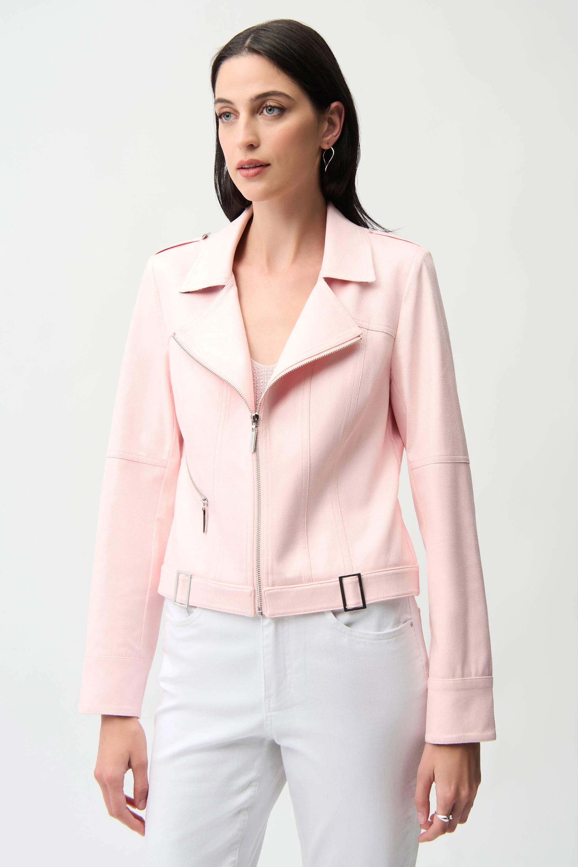Front View Image of Joseph Ribkoff Foiled Faux Suede Fitted Jacket with Decorative Buckles in Petal Pink
